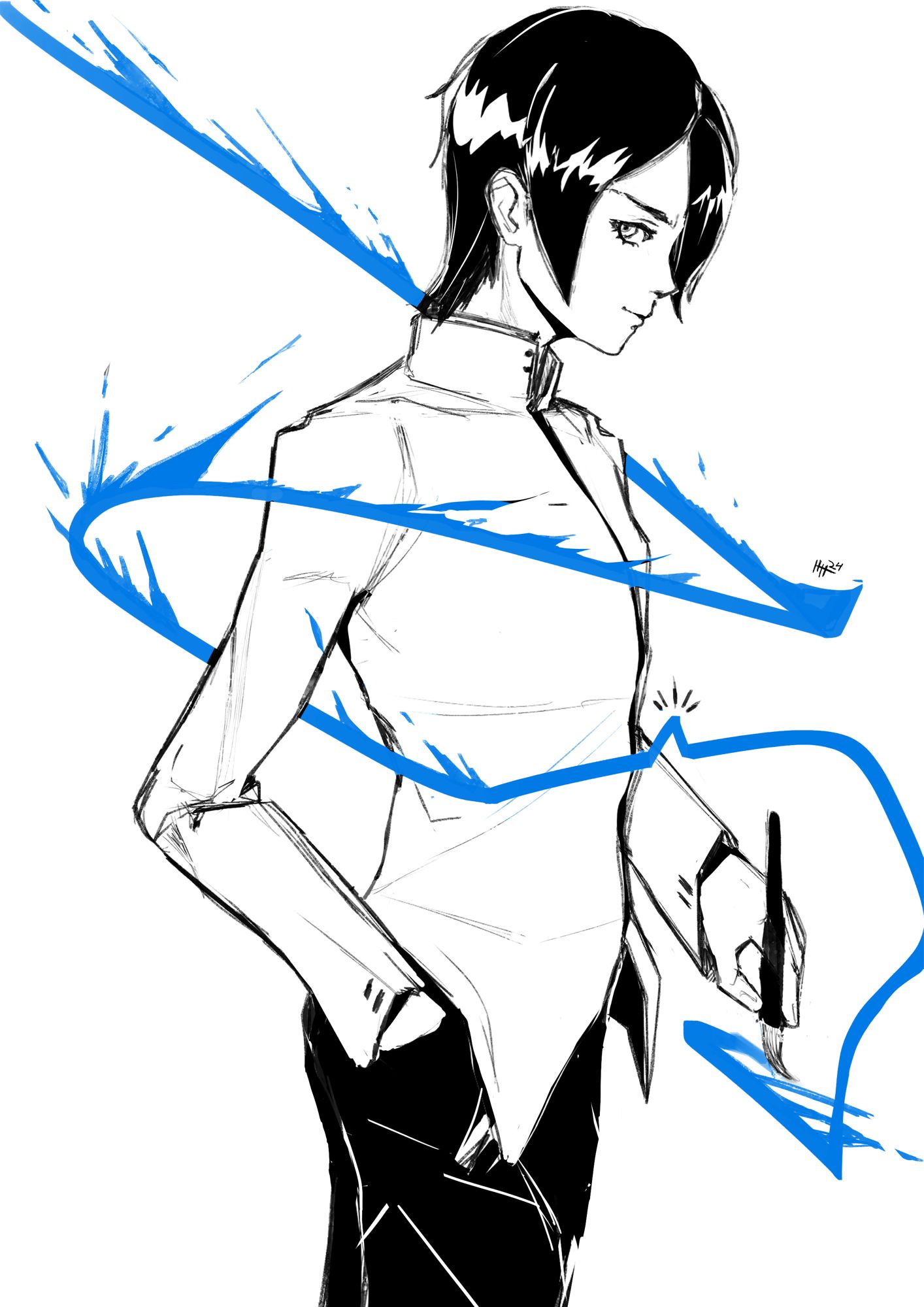 Yusuke Kitagawa from Persona 5. A drawing of him standing at a side profile with a blue color brush stroke composition leading to his hand holding an ink brush