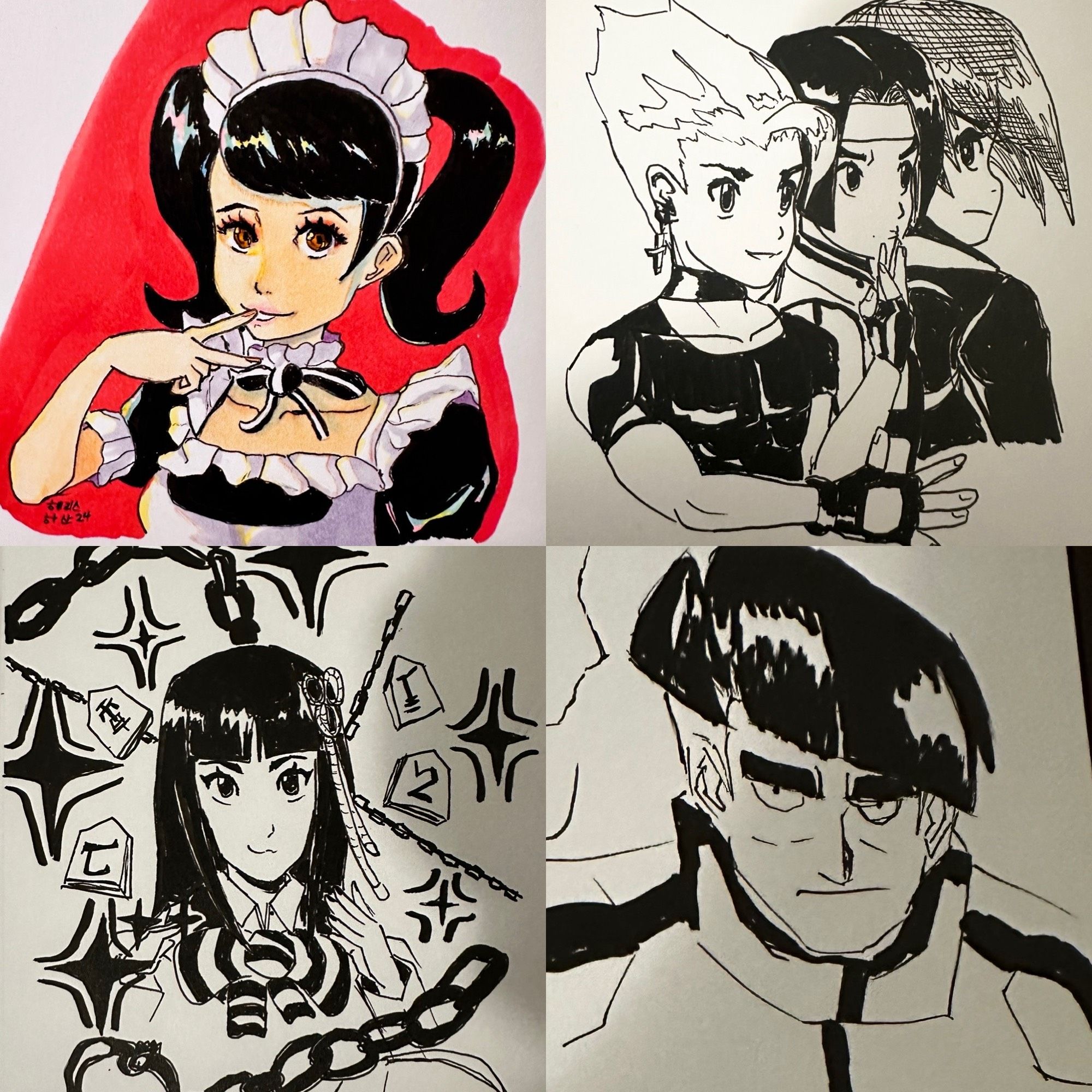 4 doodles in my sketchbook. Persona 5 Kawakami and Hifumi, Benimaru Kyo and Iori