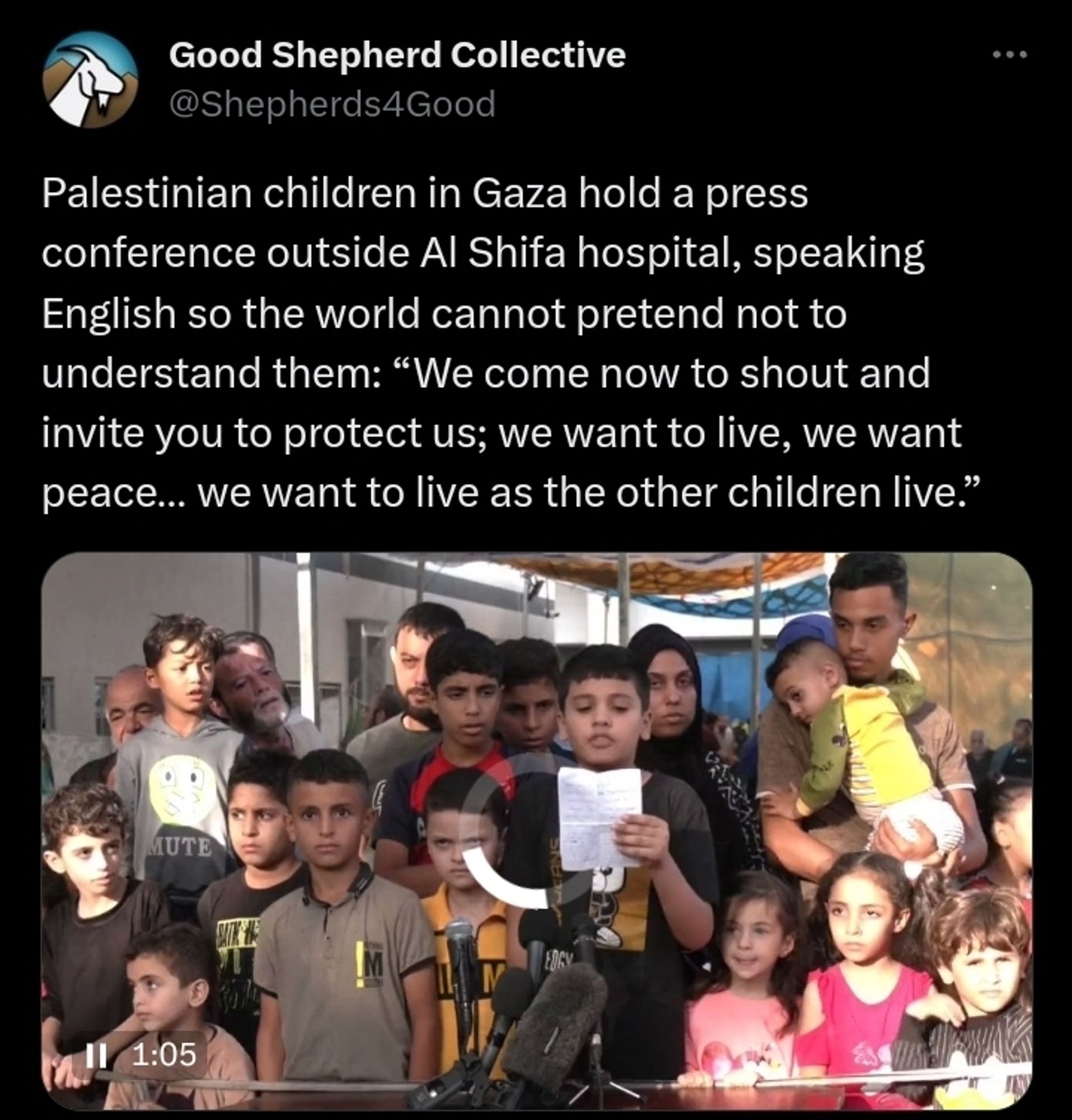 Good Shepherd Collective
@Shepherds4Good
Palestinian children in Gaza hold a press conference outside Al Shifa hospital, speaking English so the world cannot pretend not to understand them: “We come now to shout and invite you to protect us; we want to live, we want peace… we want to live as the other children live.”