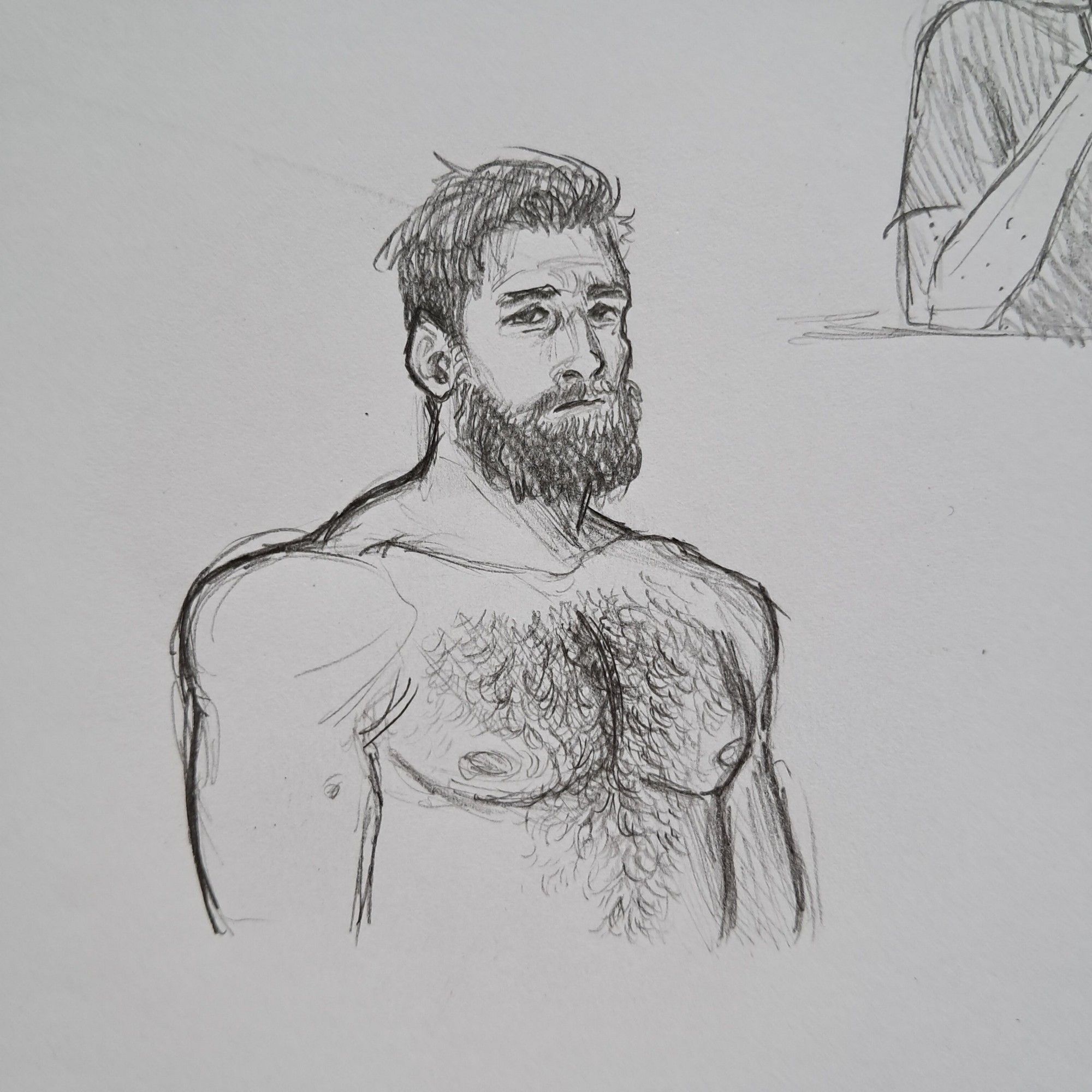 Desenho de um homem com uma expressão de apreensão, ele tem uma grande barba e cabelo curto, está sem camisa e tem muitos pelos no peitoral