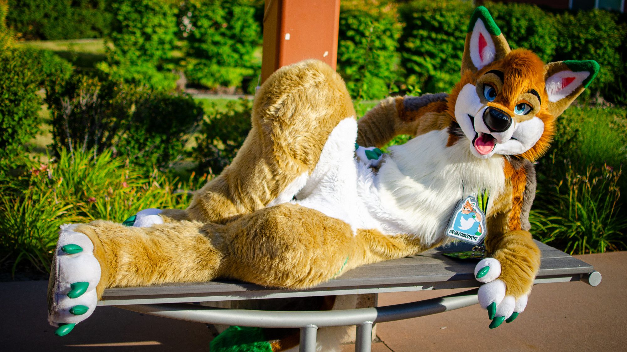 A coyote fursuit posed seductively on a bench, waiting for someone to draw him like a French yote in Titanic!