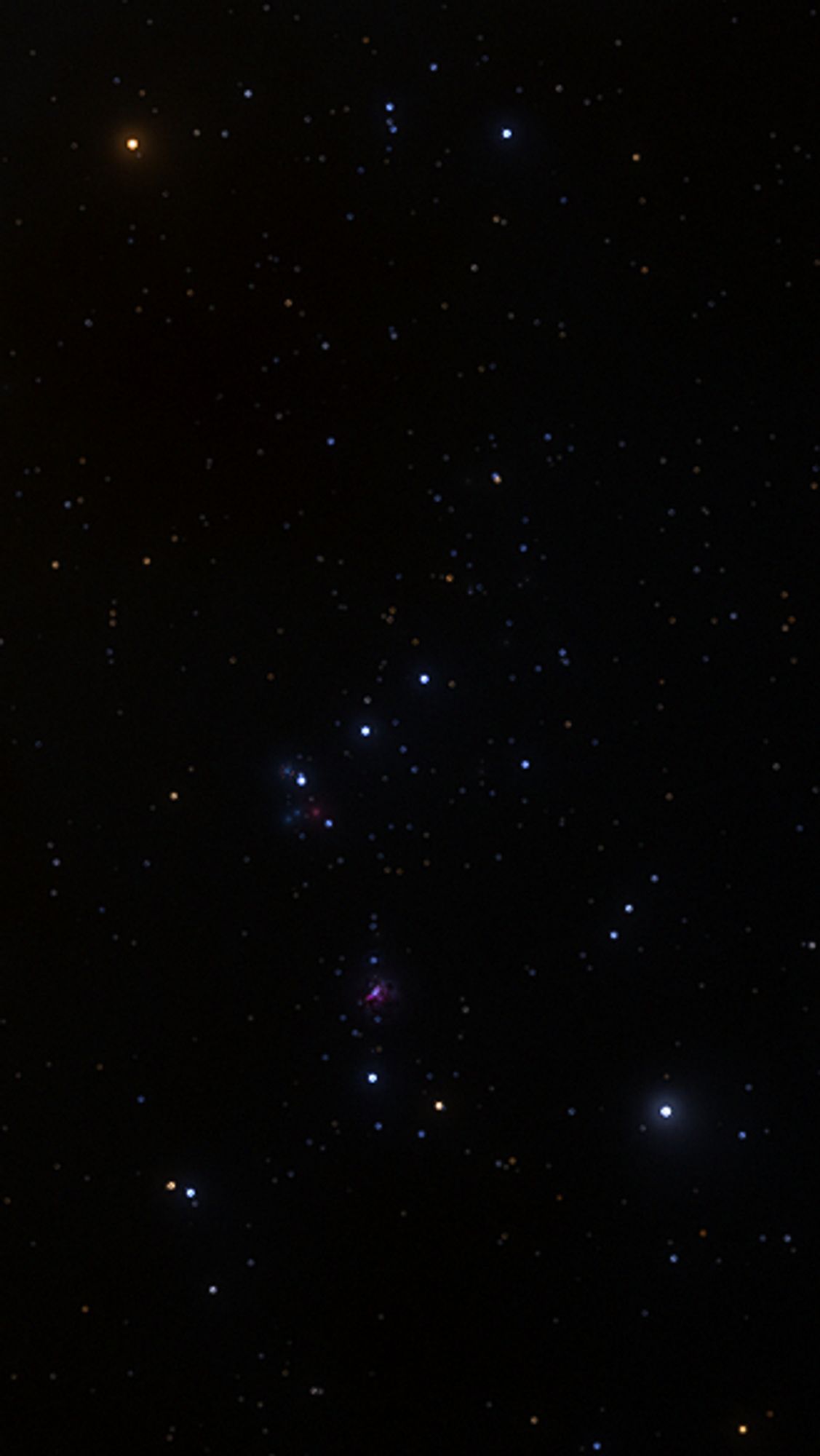 An image of the constellation Orion viewed from the Mu Arae system, about fifty light-years away, viewed in SpaceEngine. It looks almost unchanged, though the separation between Betelgeuse and Bellatrix and the stars of the Belt looks a bit wider than from Earth.