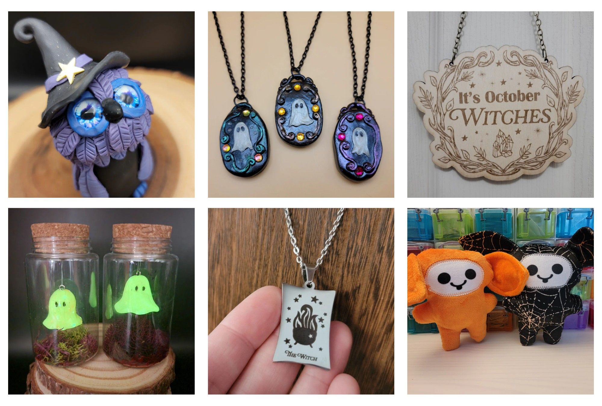 A grid with six photos - top left is a polymer clay owl in a witch hat, top middle is three polymer clay pendants with ghosts, top right is a sign that says "it's october witches".  Bottom left shows two ghosts floating in jars, bottom middle shows a hand holding a pendant with a flaming cauldron that says "the witch", bottom right is two gremlets made out of Halloween fabric