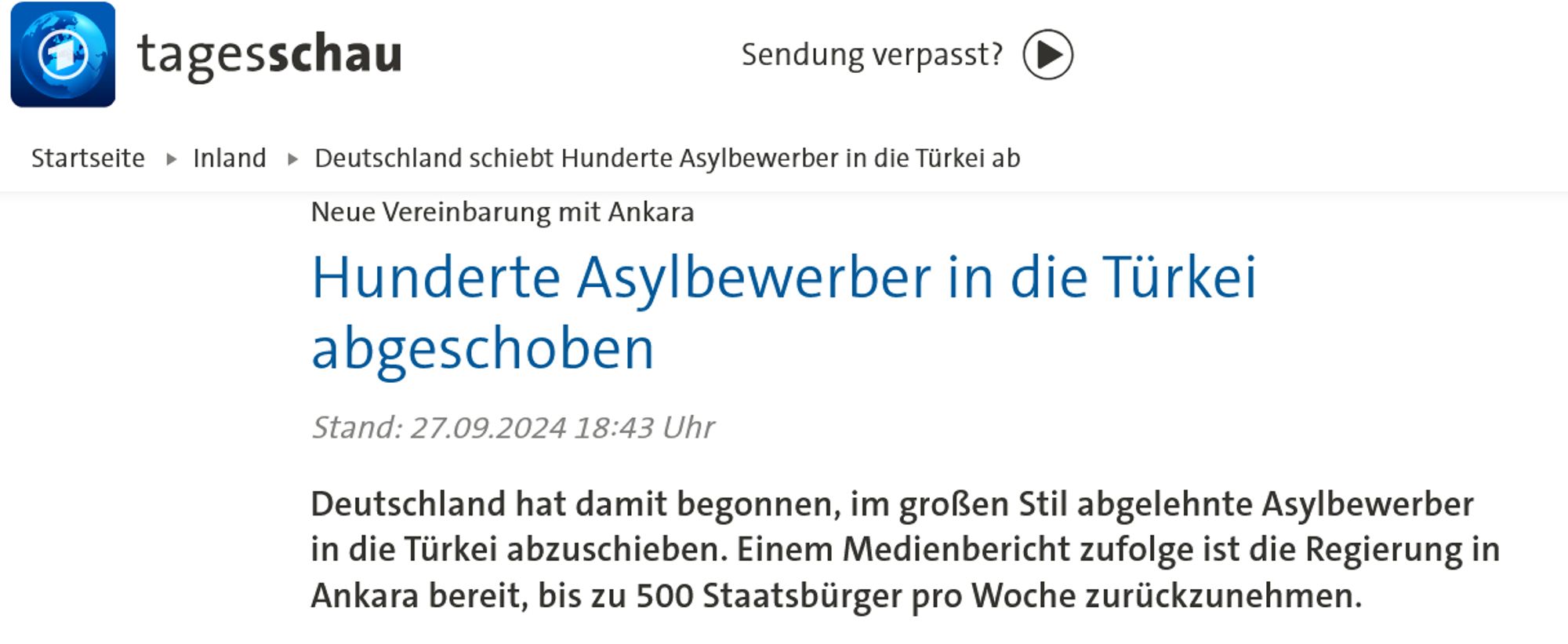 Screenshot Tagesschau 27.9.2024, 
"Hunderte Asylbewerber in die Türkei abgeschoben"