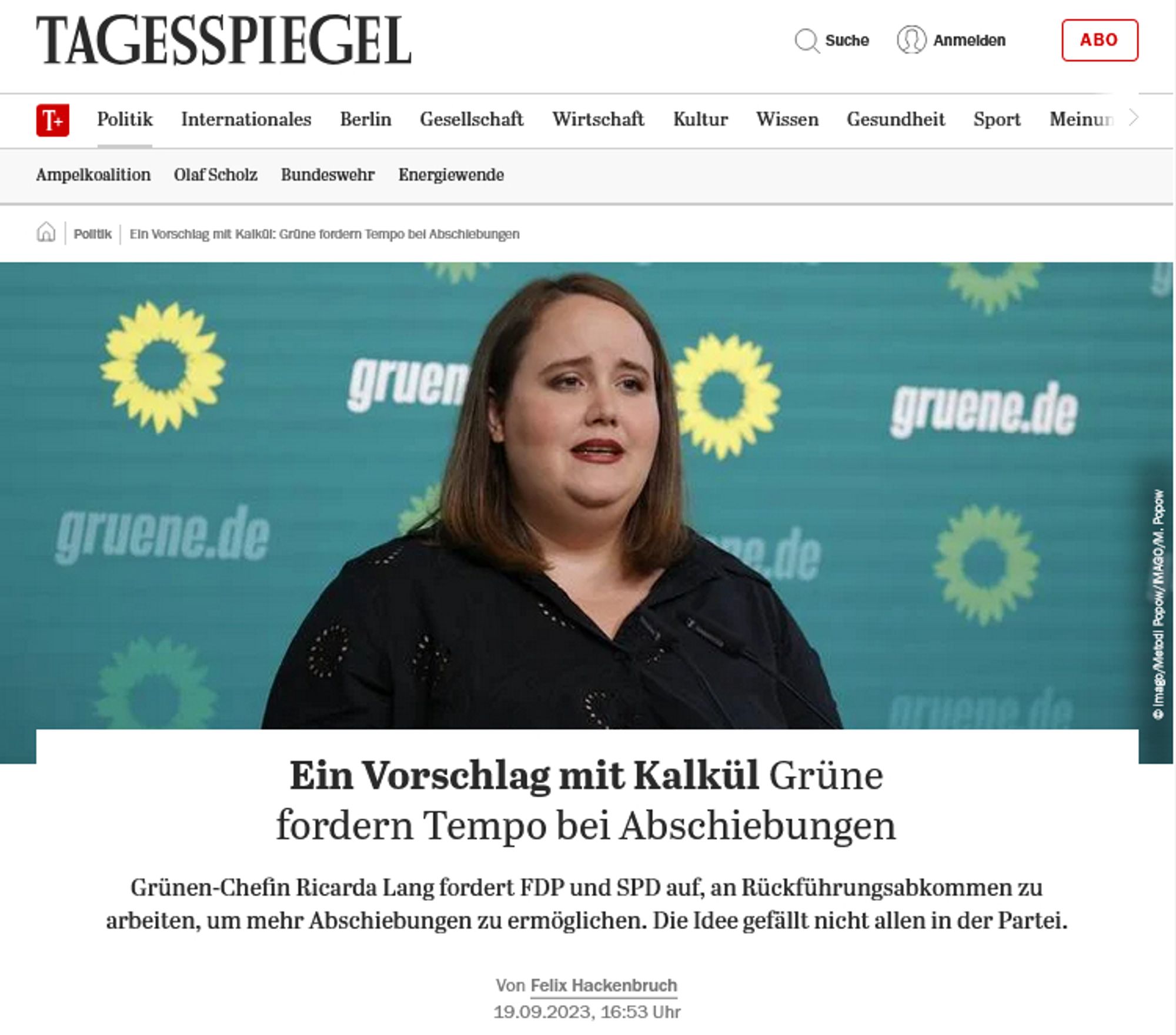 Tagesspiegel, 13.9.2023

 Ein Vorschlag mit Kalkül: Grüne fordern Tempo bei Abschiebungen