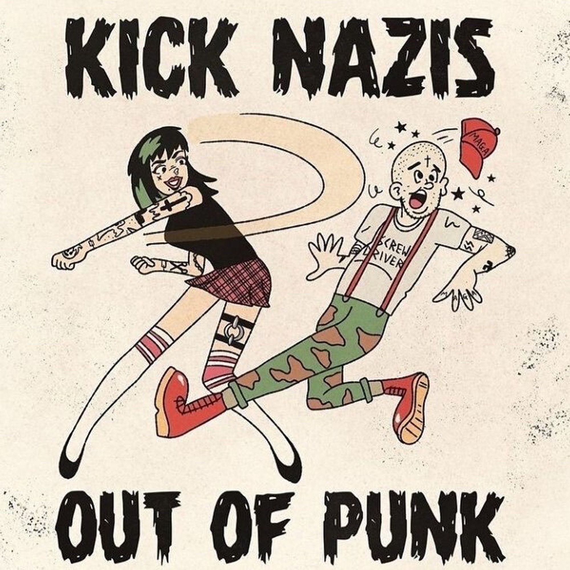 Graphic with punk punching a Nazi 

 “Keep Nazis out of punk.”