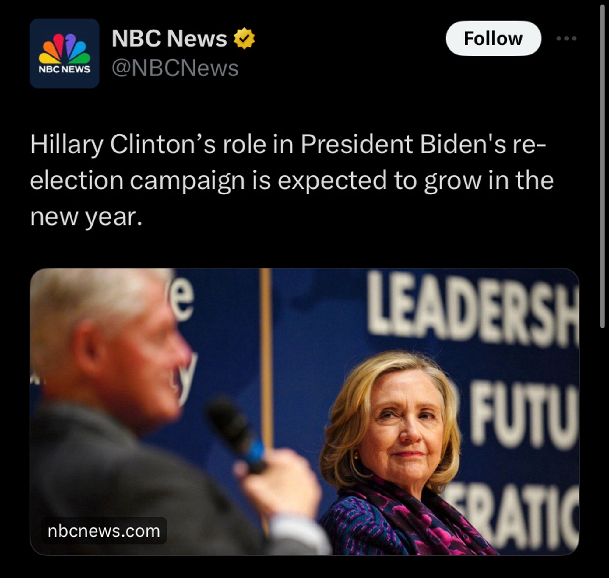 NBC New: Hillary Clinton’s role in President Biden’s are-election campaign is expected to grow in the new year.