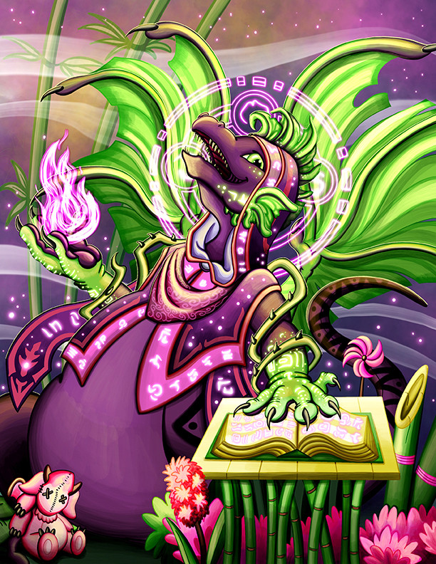 A purple and green bogsneak from the game Flight Rising. It is wearing purple celestial mage robes with a halo of runes around the head. The left claw is placed on top of a spellbook, while the right claw holds a pink fireball. The background is swirling mists and bamboo.