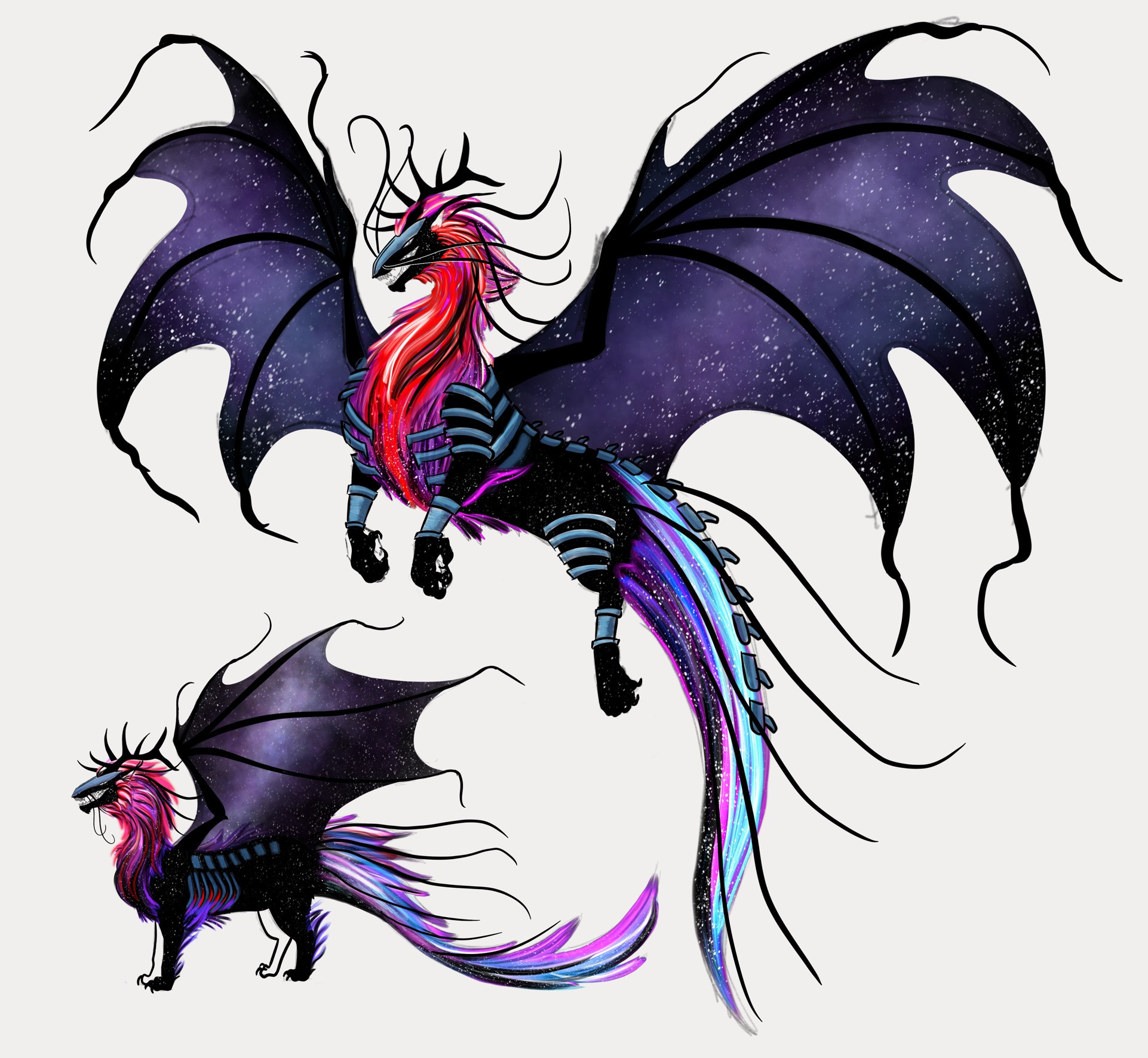 A dragon made out of pure space, it has the tail of a comet, a fiery red mane like a lion.