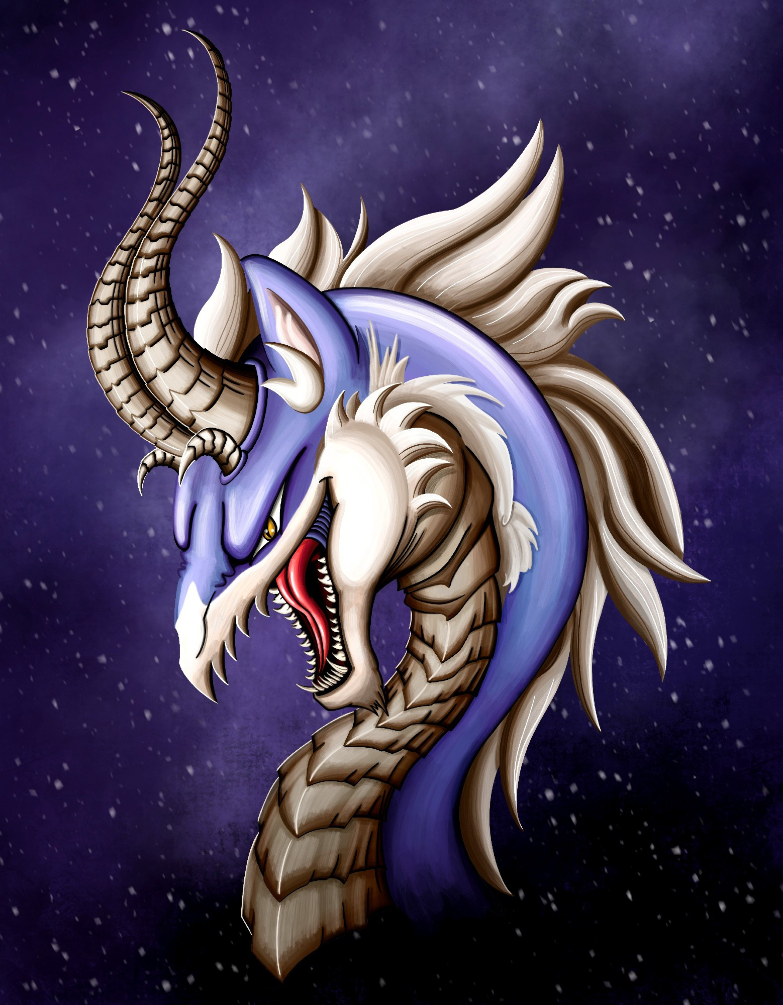 A portrait of a light purple and cream colored dragon over a spacey background. She has fur on most of her body, but prominent, overlapping scales on her chest.