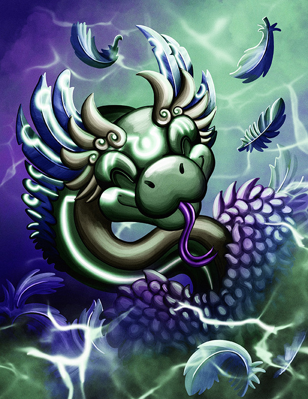 A coatl, a snake-like dragon from the game Flight Rising. This one is green with a circuitry pattern running over its body. The background is purple and green with electricity and falling feathers.