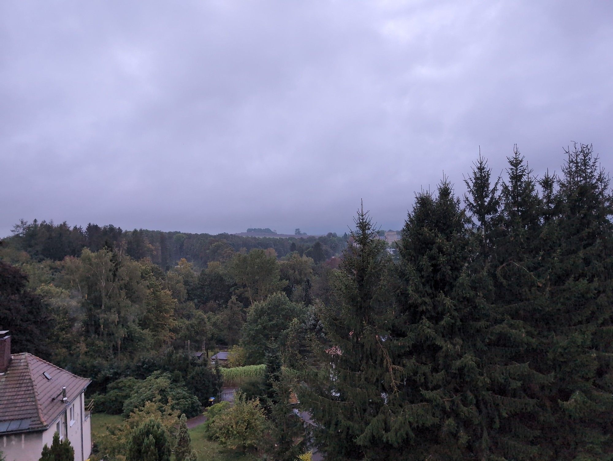 Blick vom Balkon. Bäume, bzw. Wald. Vorne ein Haus. Grauer Himmel mit viel Wolken.