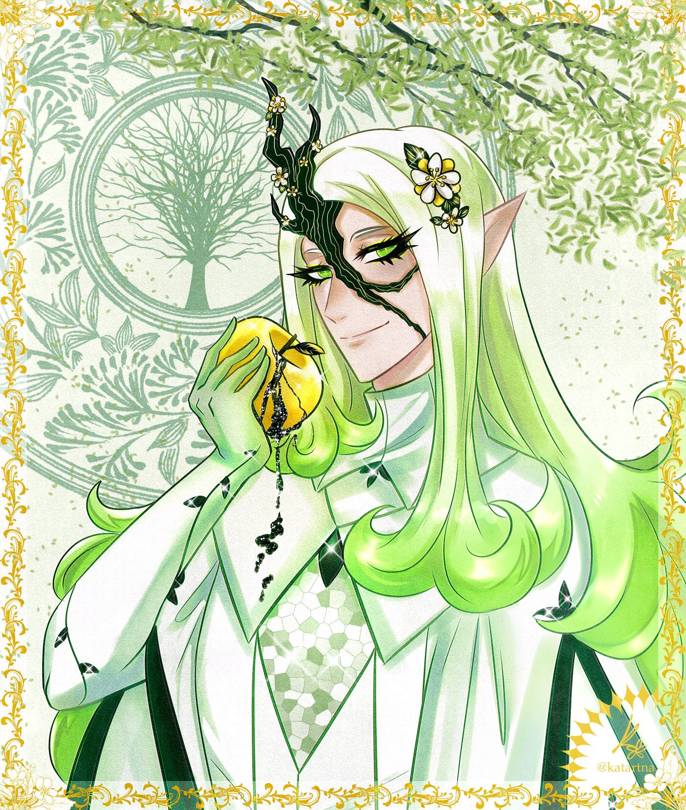 OC - Scion (any pronouns)
Scion, wearing priest-inspired robes, is holding a golden apple that is bleeding a black substance with stars inside of it. They have a placid expression. They have apple blossoms in their hair and on the branch that is growing from the side of their head like a horn.
In the background are tree motifs and branches. On the border there is gold vine-like filigree.