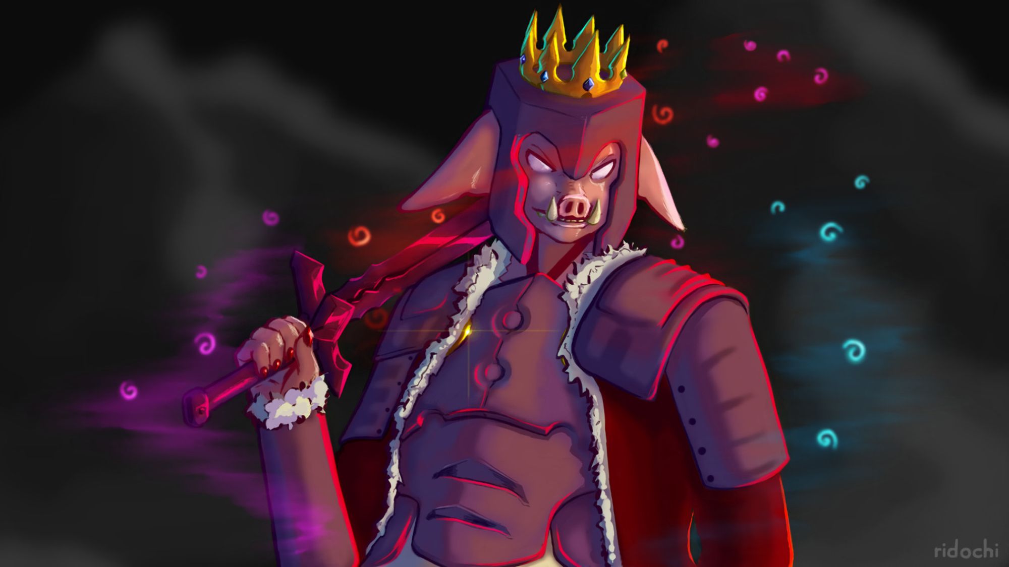 A digital painting of Minecraft youtuber Technoblade, an anthropomorphic pig stands in the main frame, wearing netherite armor over a royal gown, crown over the helmet, netherite sword resting on shoulder, while surrounded by multiple potion mists and particle effects.