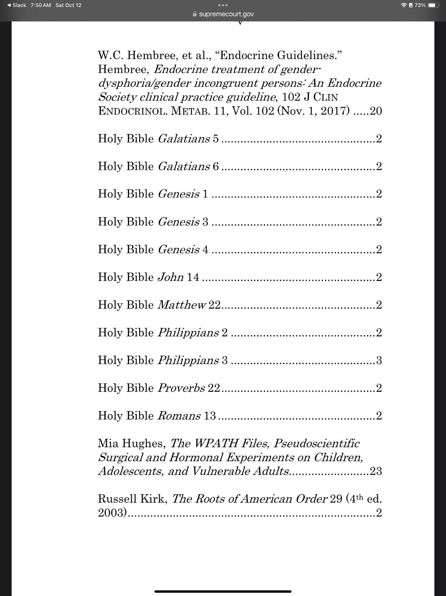 Table of contents from a amicus brief filed by 23 state legislatures and some other assholes. THere’s a list of bible verses reading “Holy Bible Galatians 5; Holy Bible Galatians 6, Holy Bible Genesis 1” and so on. A total of 12 Bible verses are listed. 