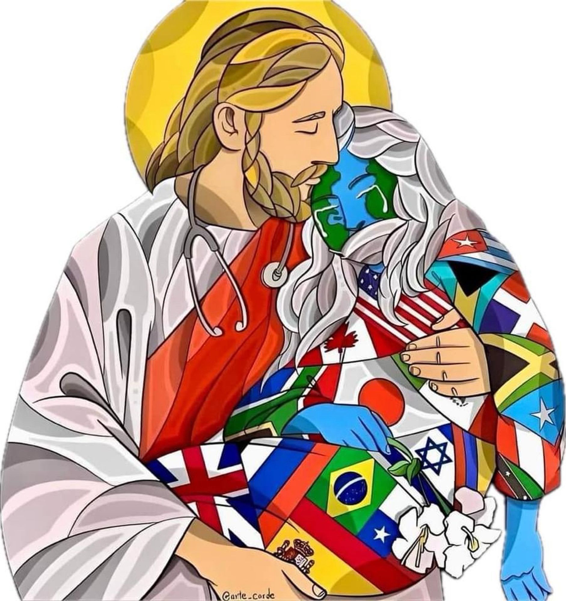 A depiction of Jesus Christ as the great physician embraces a person with the head of planet earth and body wrapped in flags from many world cultures.