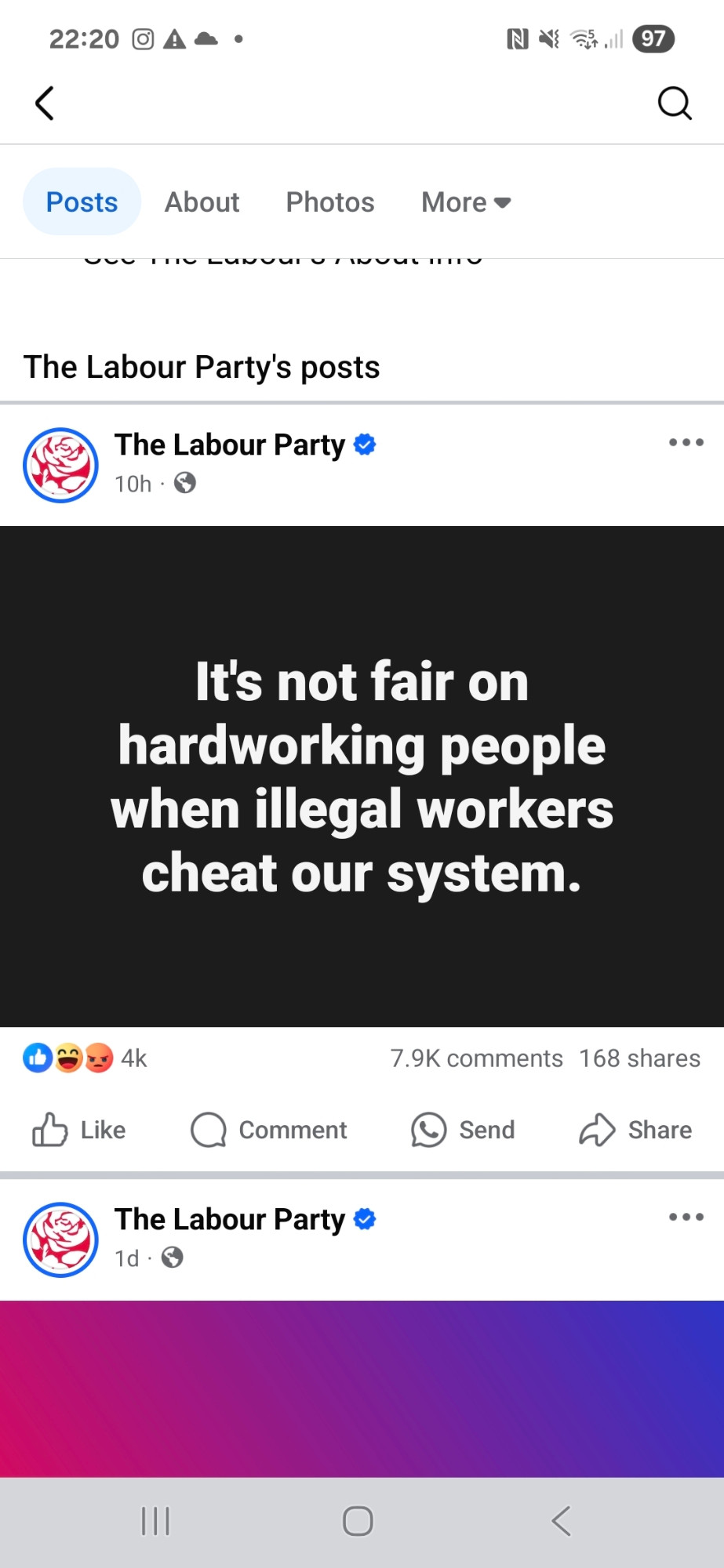 Facebook page post from The Labour Party.  "It's not fair on hardworking people when illegal workers cheat our system."