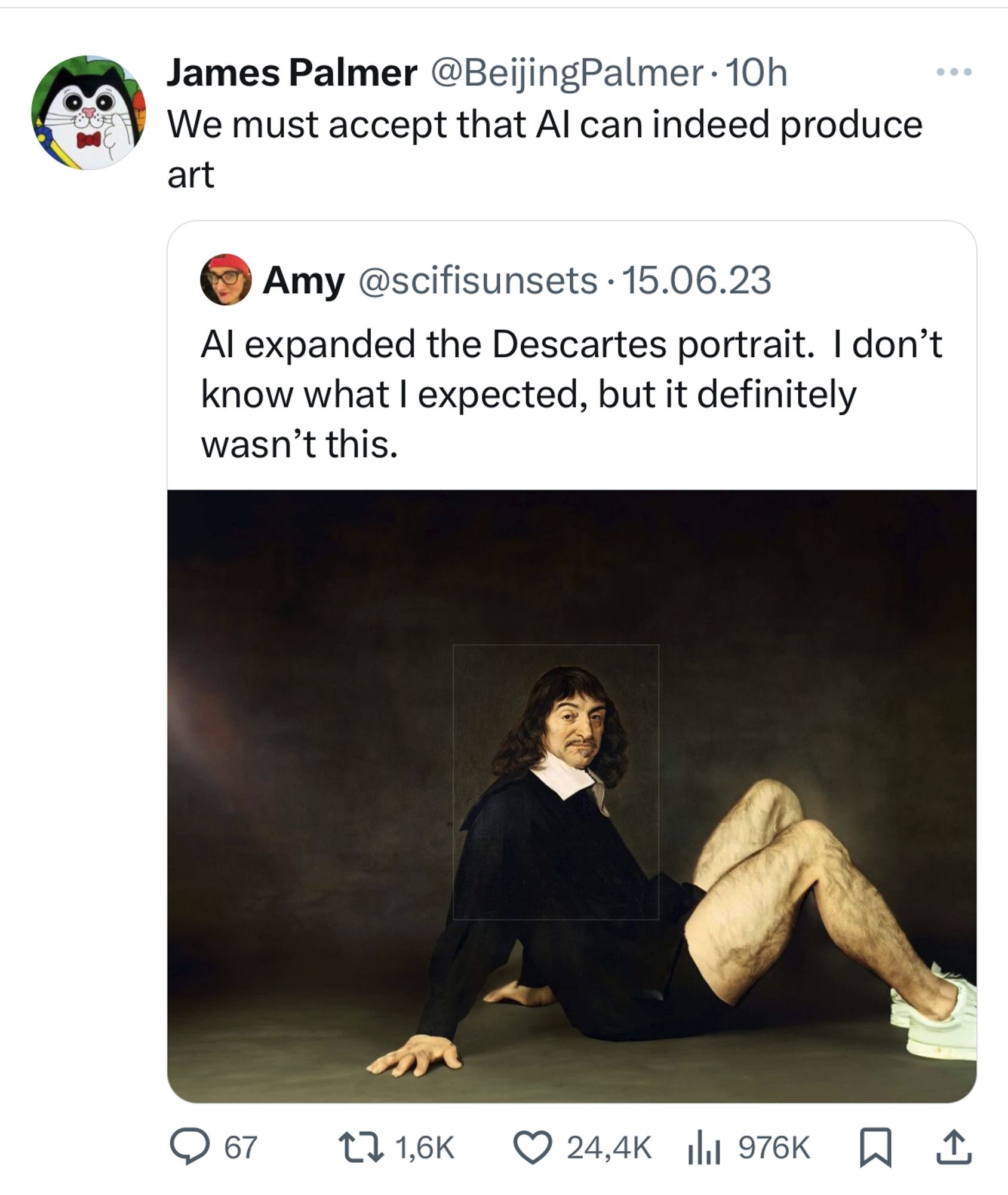 Twitter screenshot. A picture of extra buff Rene Descartes posing on the floor, expanded from his well-known portrait. The twitter post says "We must accept that AI can indeed produce art"