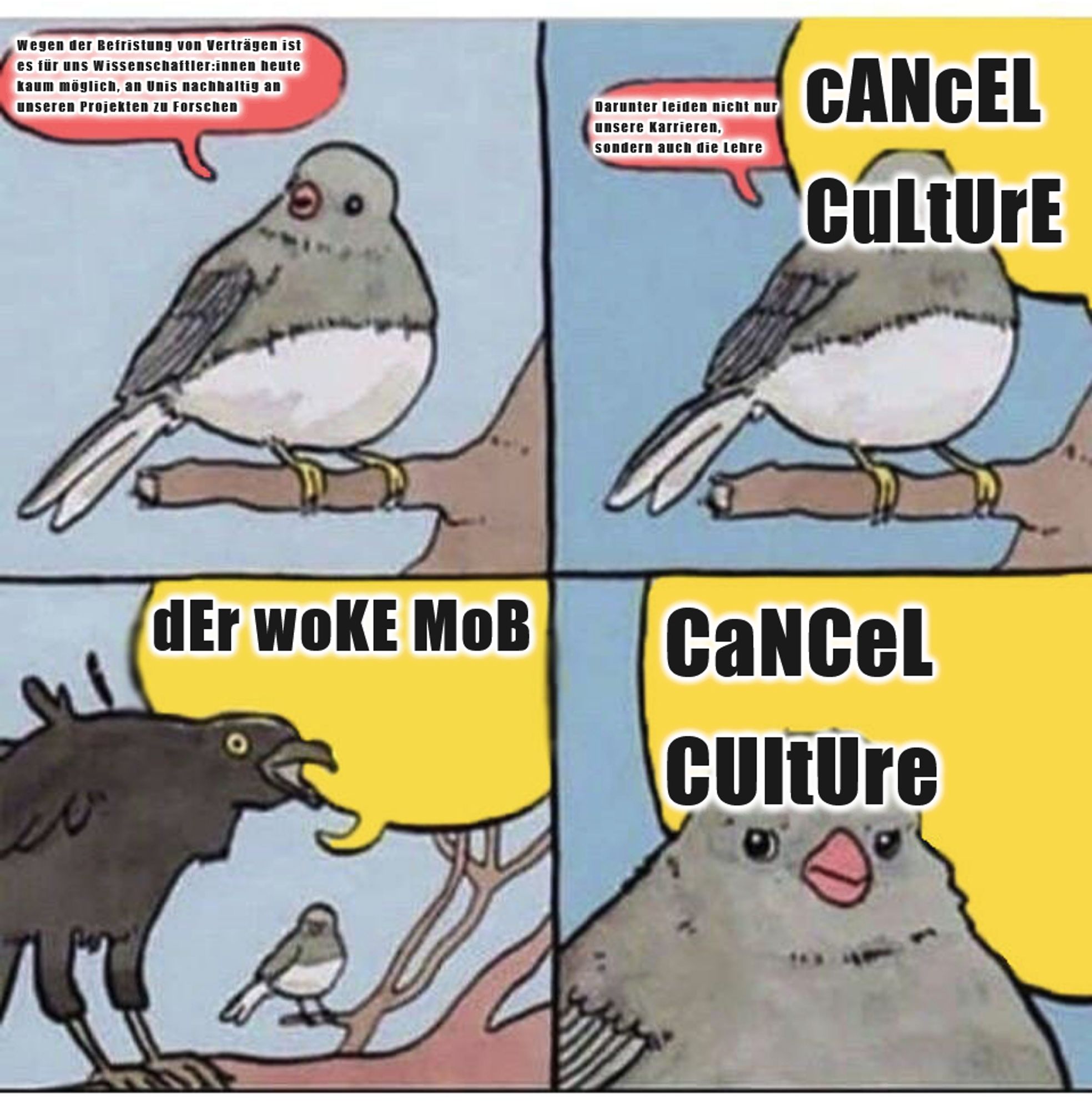 Das Meme mit dem kleinen Vogel der von einer Krähe überkräht wird. Der kleine Vogel will was zu den Arbeitsbedingungen in der Lehre sagen aber die Krähe kräht mit Quatsch zu Cancel Culture drüber