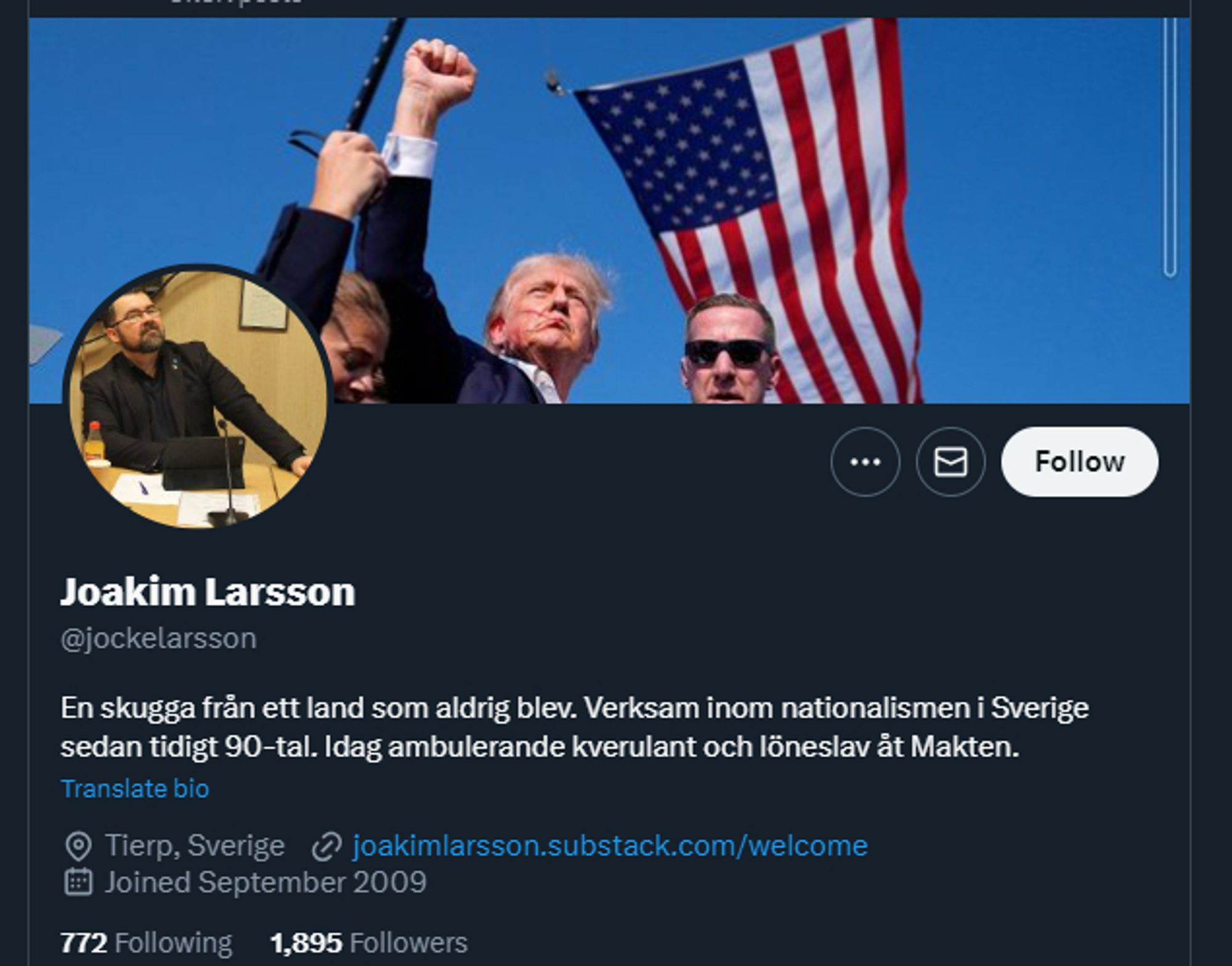 Profilbild från Twitter/X för SD Tierps Joakim Larsson.