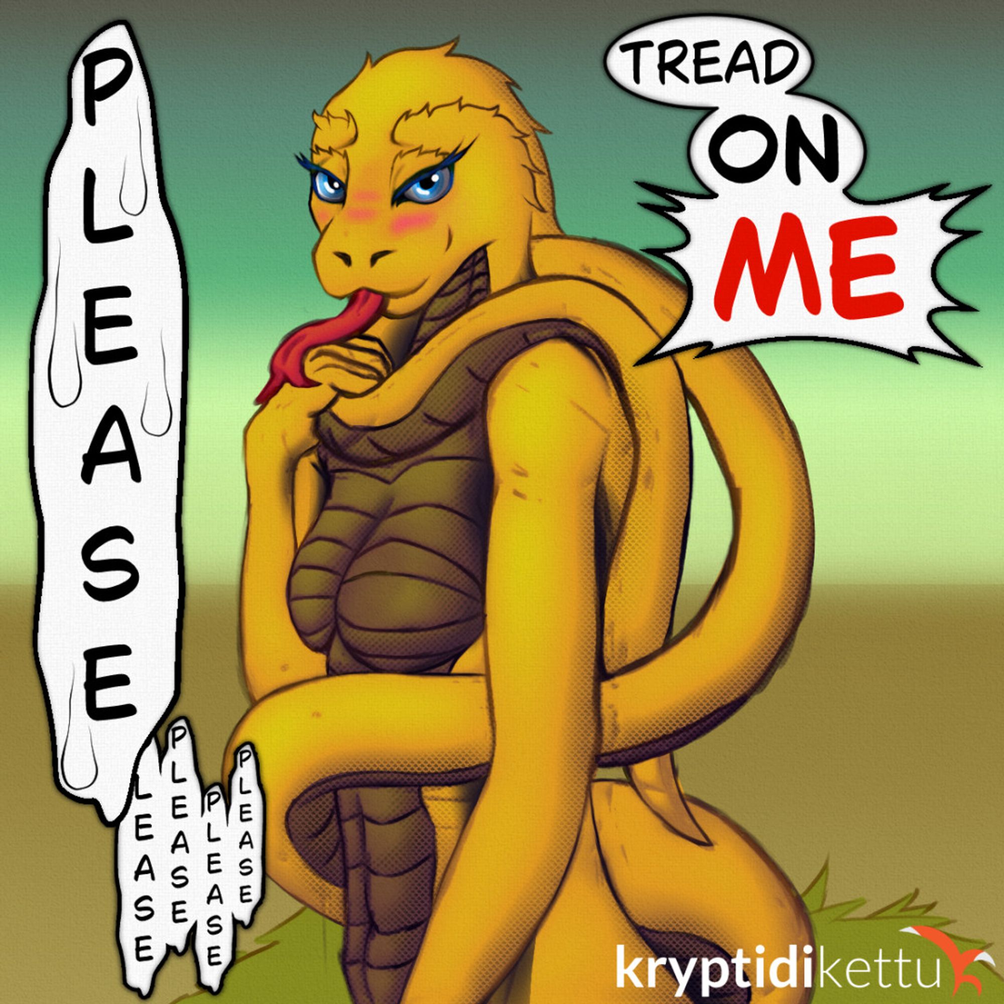 gold and brown colored anthro snake from the gadsden flag looking coy and blushing with her tail wrapped around her and breasts visible. Comic style text balloons showing text "Please please please please please, tread on me" in a pleading and ordering tone.