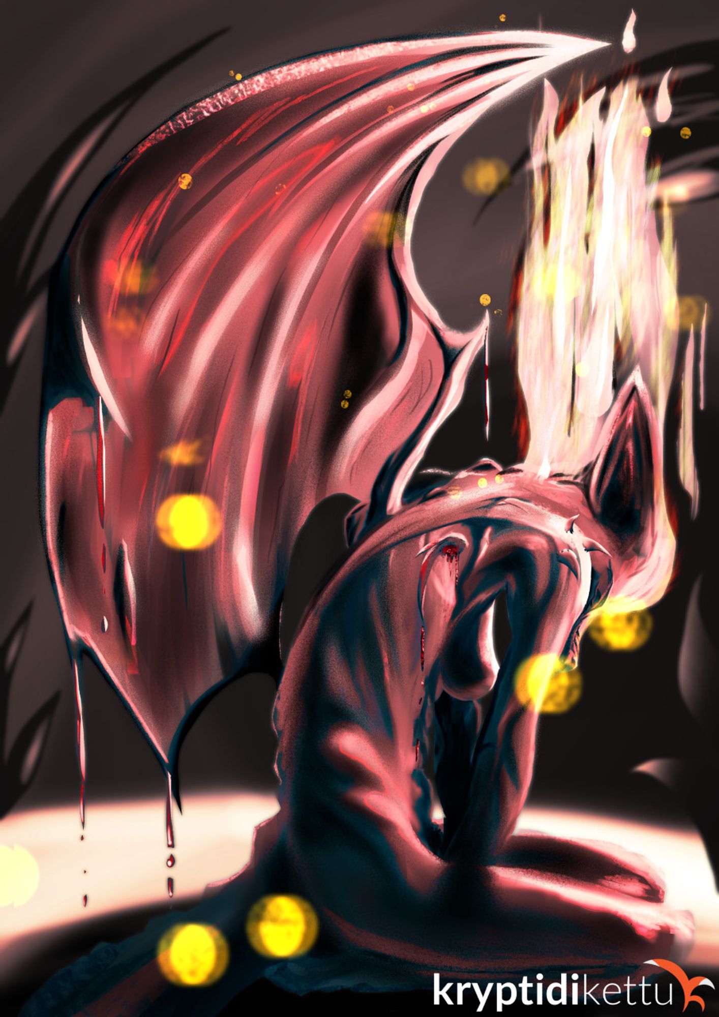 Image of a female demon midtransformation. Her wings are bursting out and bleeding and her hair is on fire.