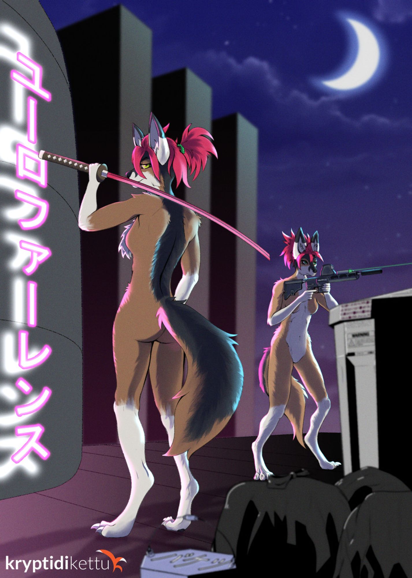 Two anthropomorphic canine characters with weapons standing on a rooftop on a moonlit night.