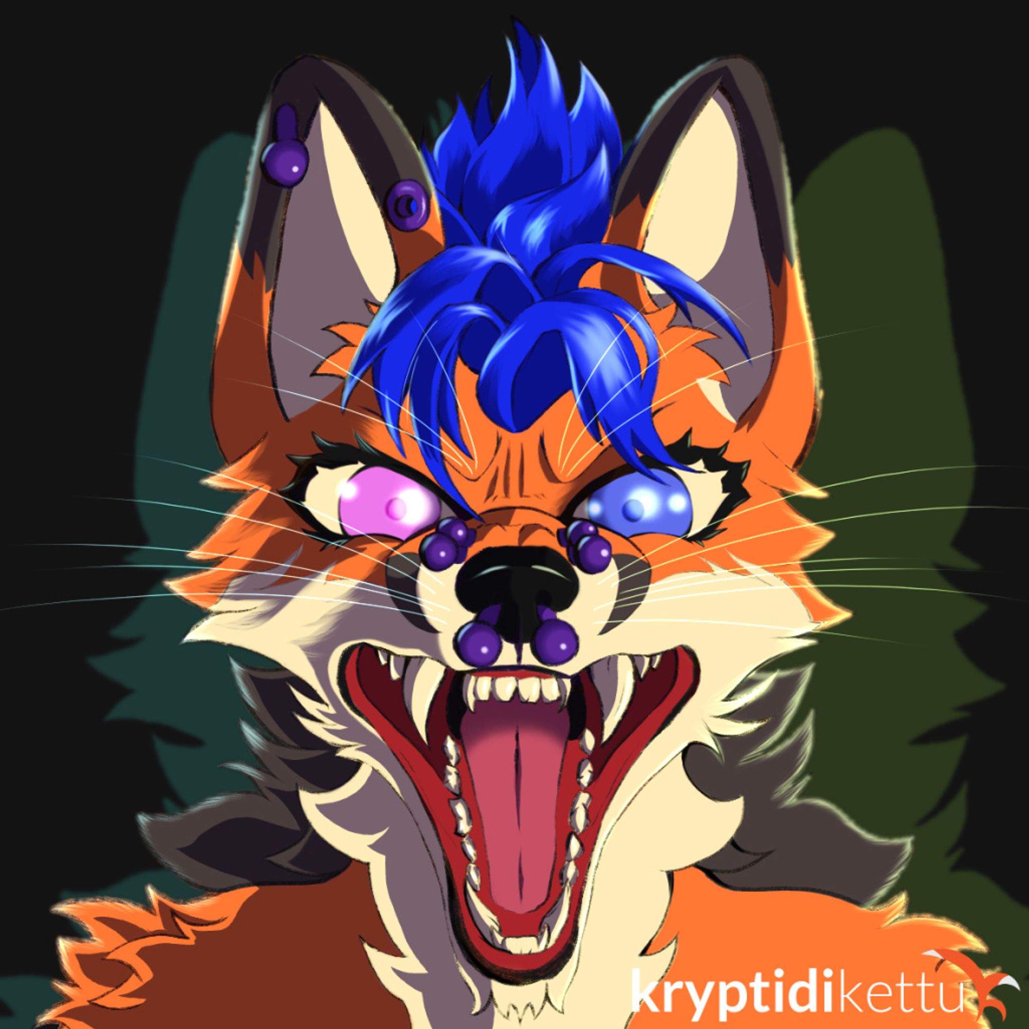 Neon orange fox looking at the viewer and yelling with an angry expression