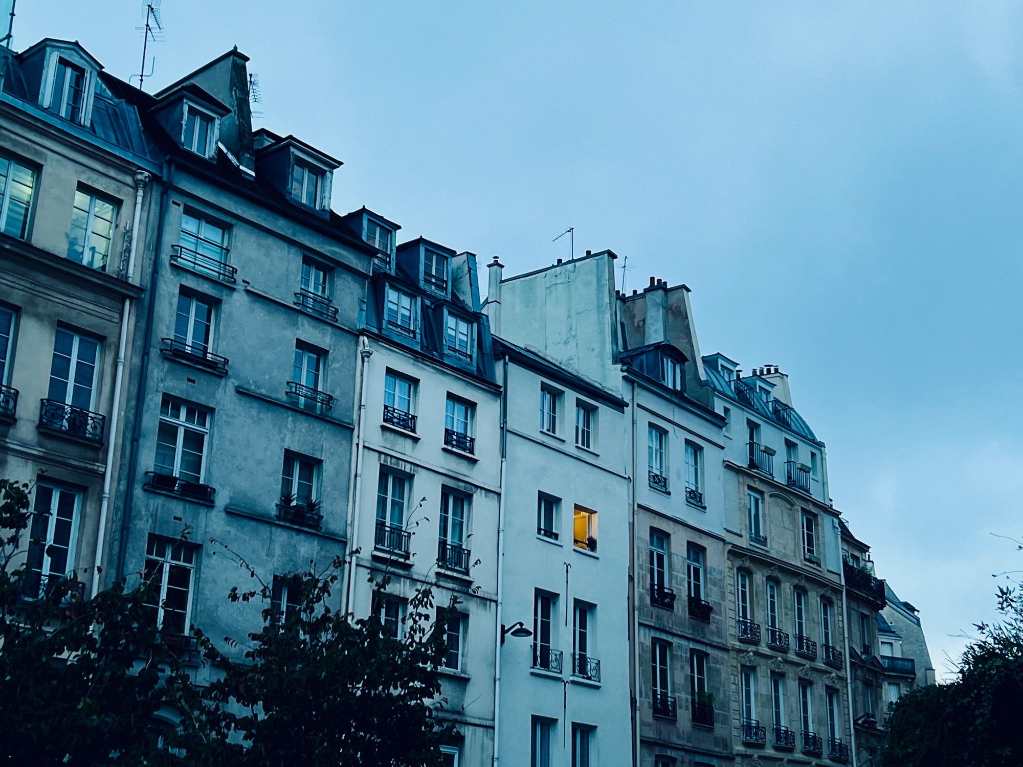 Rue des Halles, sous un ciel gris bleuté. Une seule fenêtre est éclairée sur les façades.