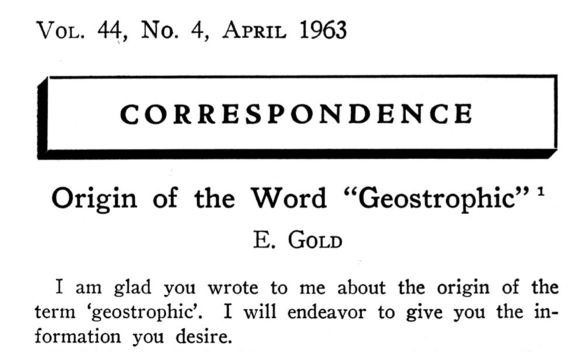 Screenshot of the title of a manuscript 'Origin of the Word "Geostrophic" by E. Gold.