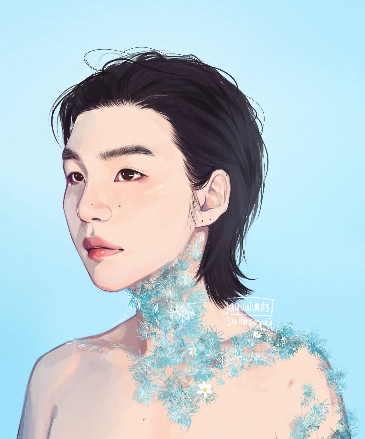 Fanart of BTS Suga by aqualimits. Depicting portrait from photoshoot suga posted on Instagram. He is bare from the shoulders up with blue flowers on his neck and shoulder. 