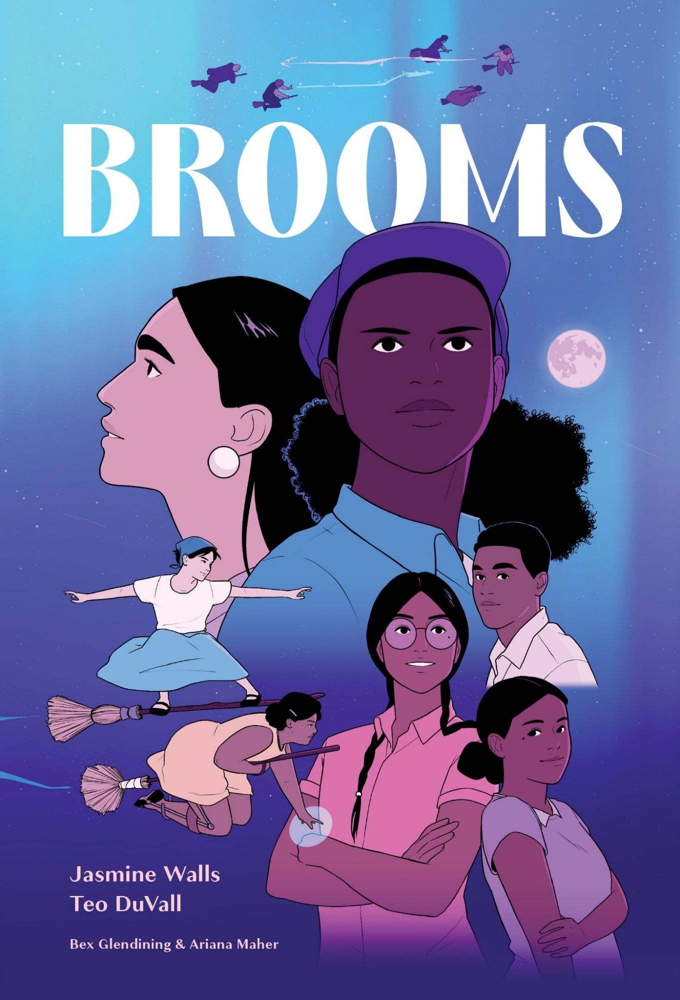 The cover of Brooms, co-created by Jasmine Walls and Teo DuVall, with cover art by Teo DuVall has 7 people on the cover. Two young Black Choctaw girls stand back to back in the foreground. A Black woman and a Cantonese woman ride brooms. One Black woman in a cap stands looking defiantly into the future with her girlfriend, a Choctaw woman at her side. A Black man is off to the other side. This is the cast of Brooms.