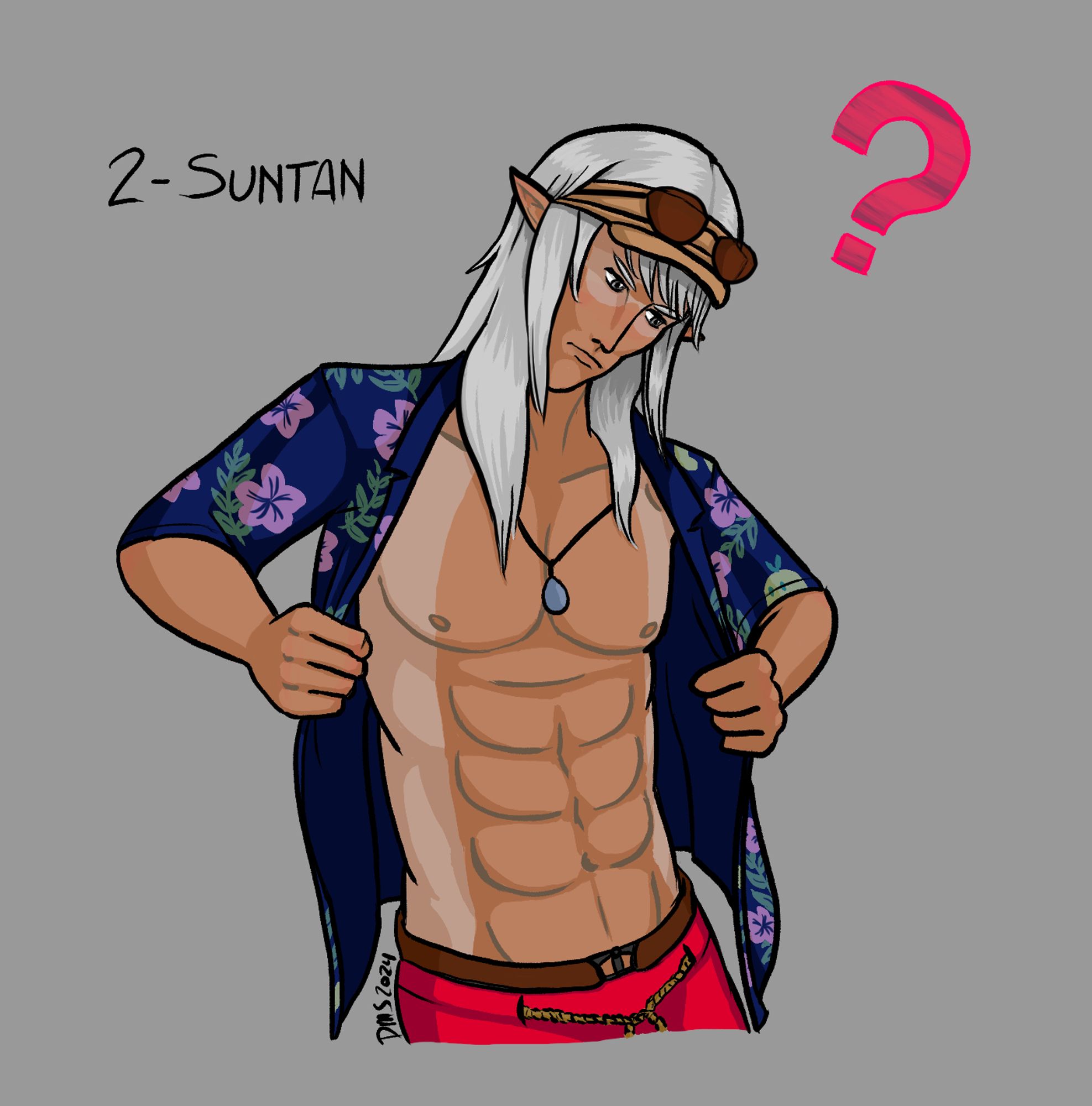 Digital illustration of Estinien from FFXIV in his summer glamour, holding the open sides of his button-down shirt open to reveal a thick tan line vertically down his middle from wearing it open all the time. There's also a tan line around his eyes where his shades usually are, revealed now since they're on top of his visor currently. His confusion has summoned a pink question mark like the one from the Consider emote.