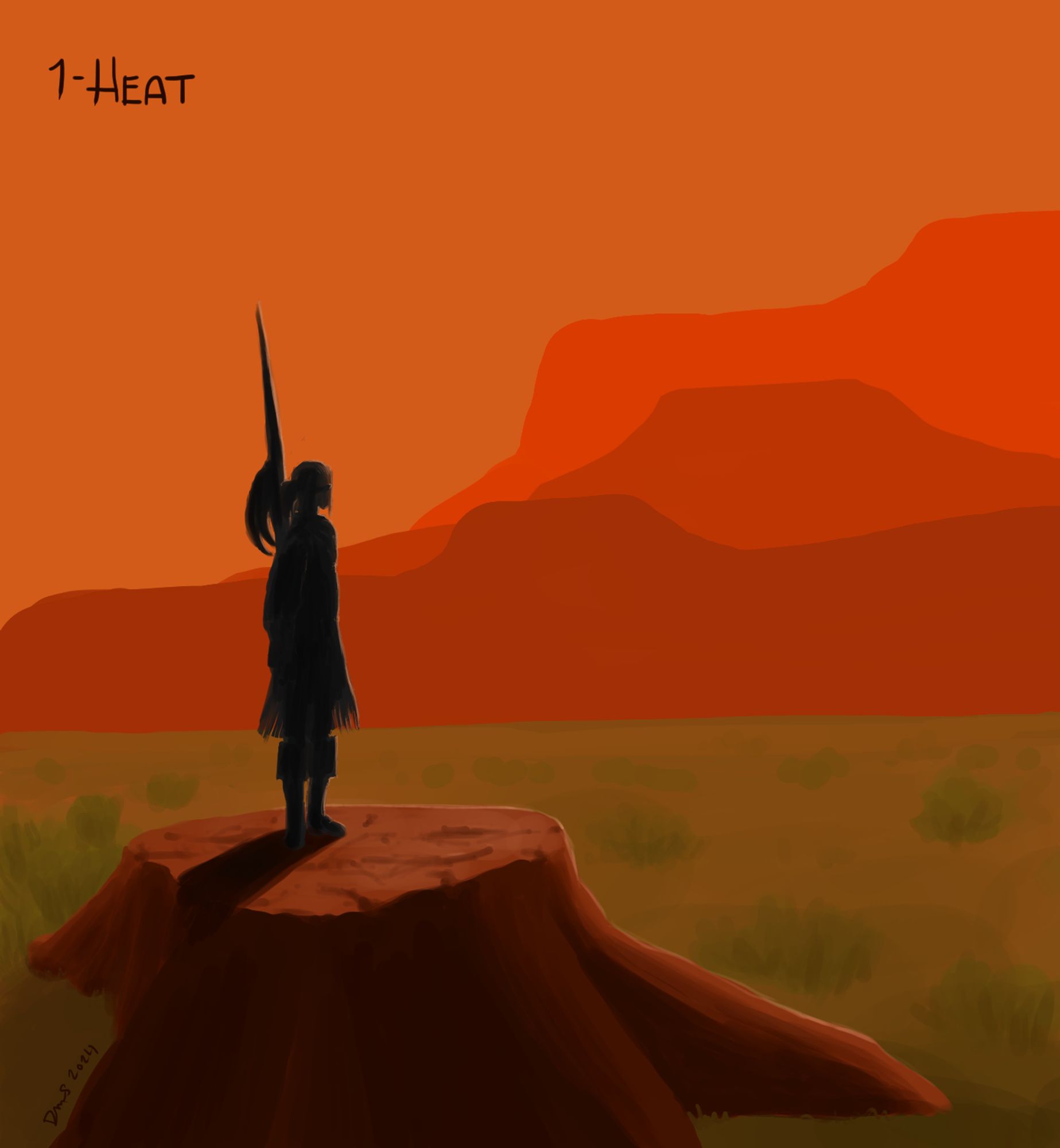 Digital painting of Estinien in Shaaloani standing on a small mesa-like rock. He's visible as a silhouette, in his travel outfit and hair up in a ponytail, staring off tot he back right, toward the sun. In the background are very simple forms of larger mesas and mountains, darker orange against a bright orange sky.