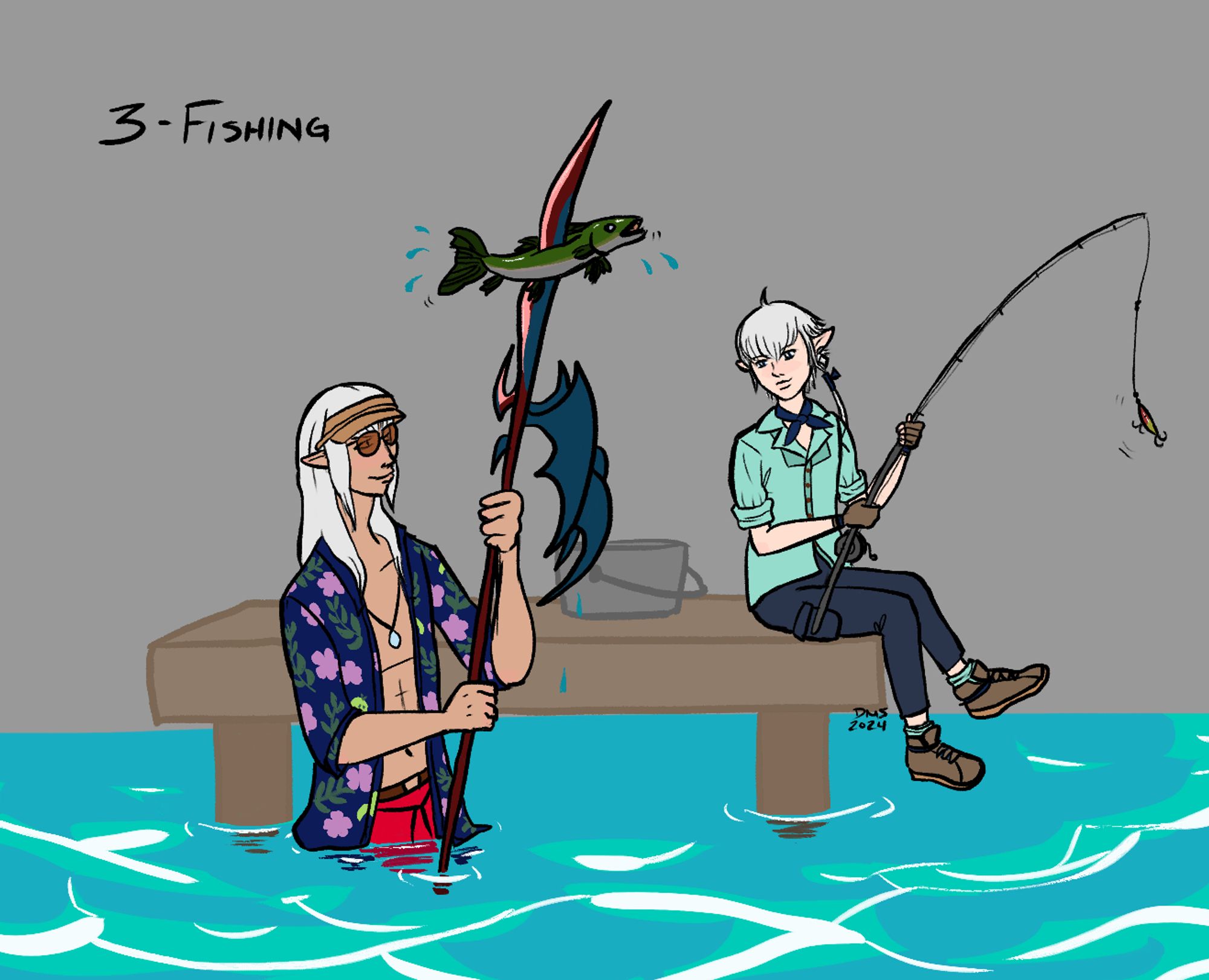 Digital illustration of Estinien and Alphinaud from FFXIV fishing. Alphinaud sits on a dock, on the right, his legs dangling, holding a fishing rod. Estinien is in the water, on the left, holding up his lance with a green fish impaled on the tip. They both wear their summer Trust outfits