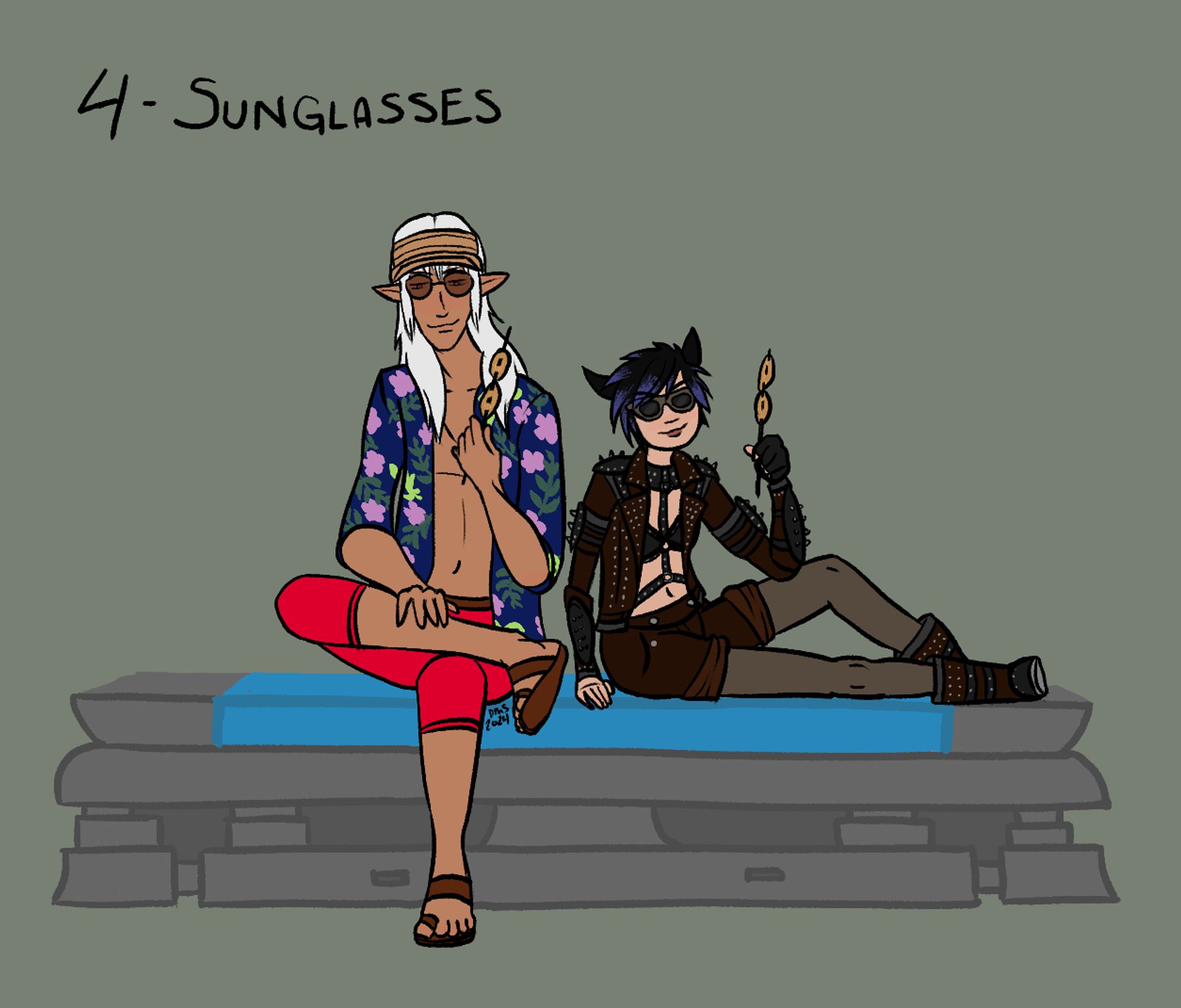 Digital illustration of Estinien and my Warrior of Light Kimi from FFXIV sitting casually on a  stone bench, eating dried squid on a stick. Estinien wears his summer Trust glamour, and Kimi is in her leather healing glam, with shades.