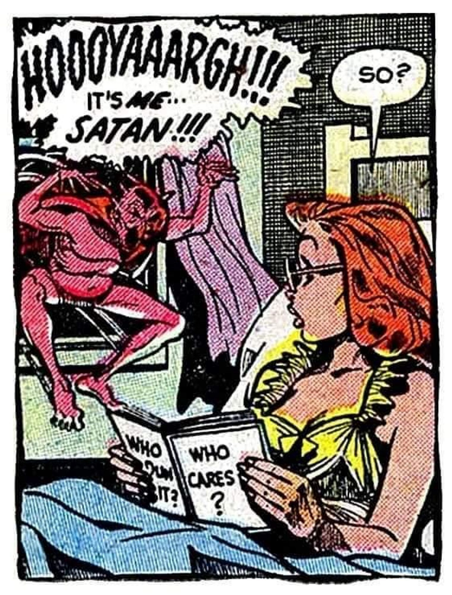 A cartoon devil jumps through the bedroom window of woman who is not impressed