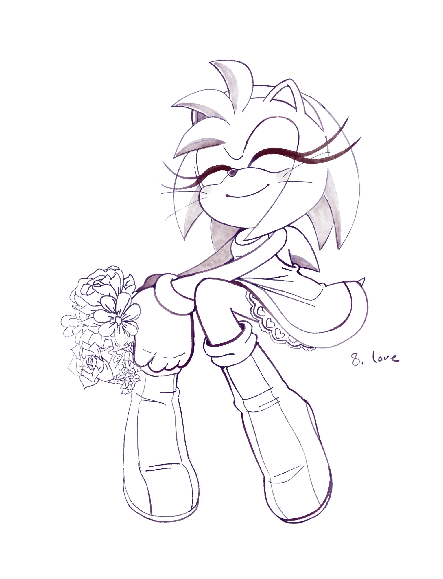 A lined drawing of amy rose sitting happily and holding flowers in her lap