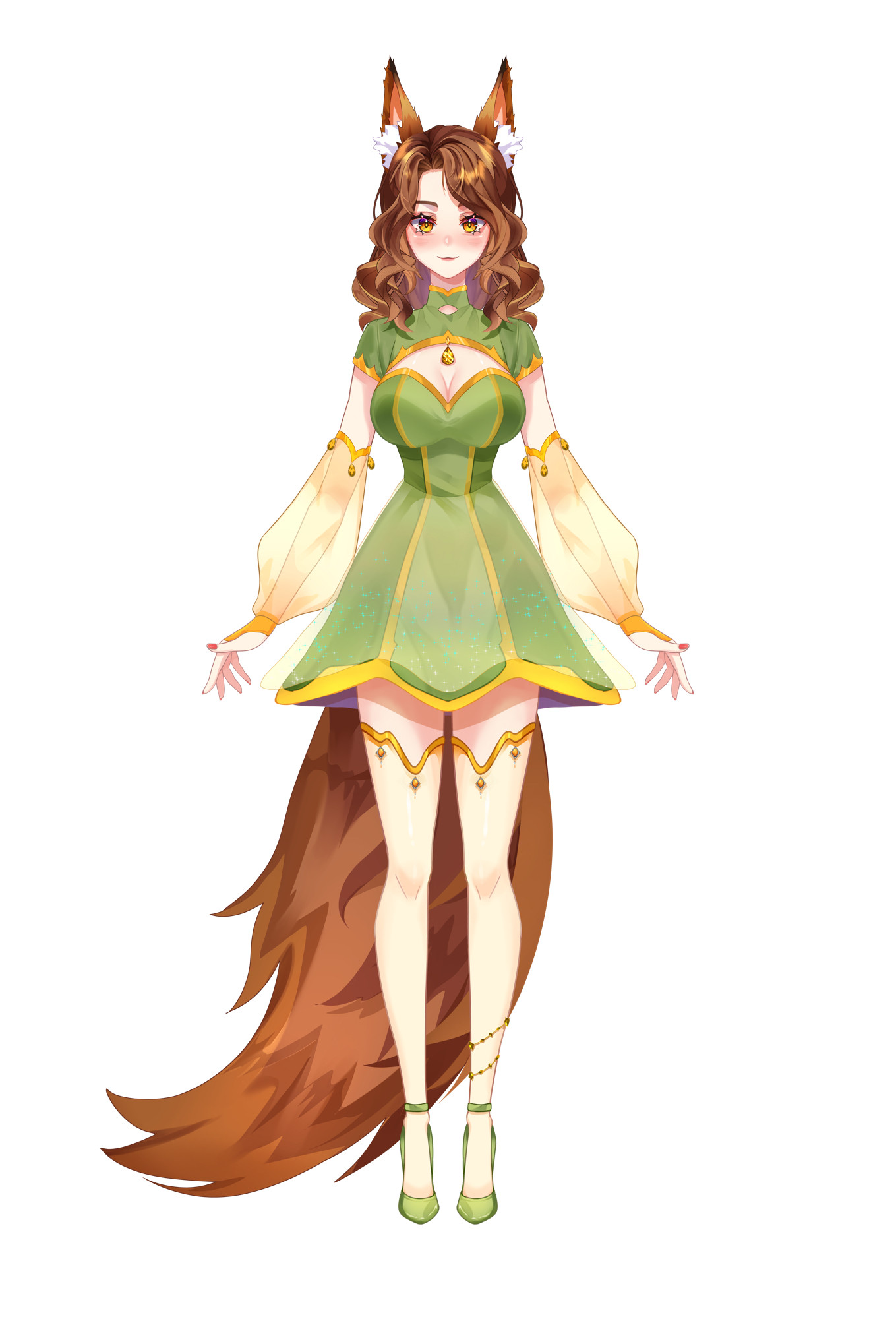 a ginger fox girl VTuber with a green and gold dress, with golden gemstones 