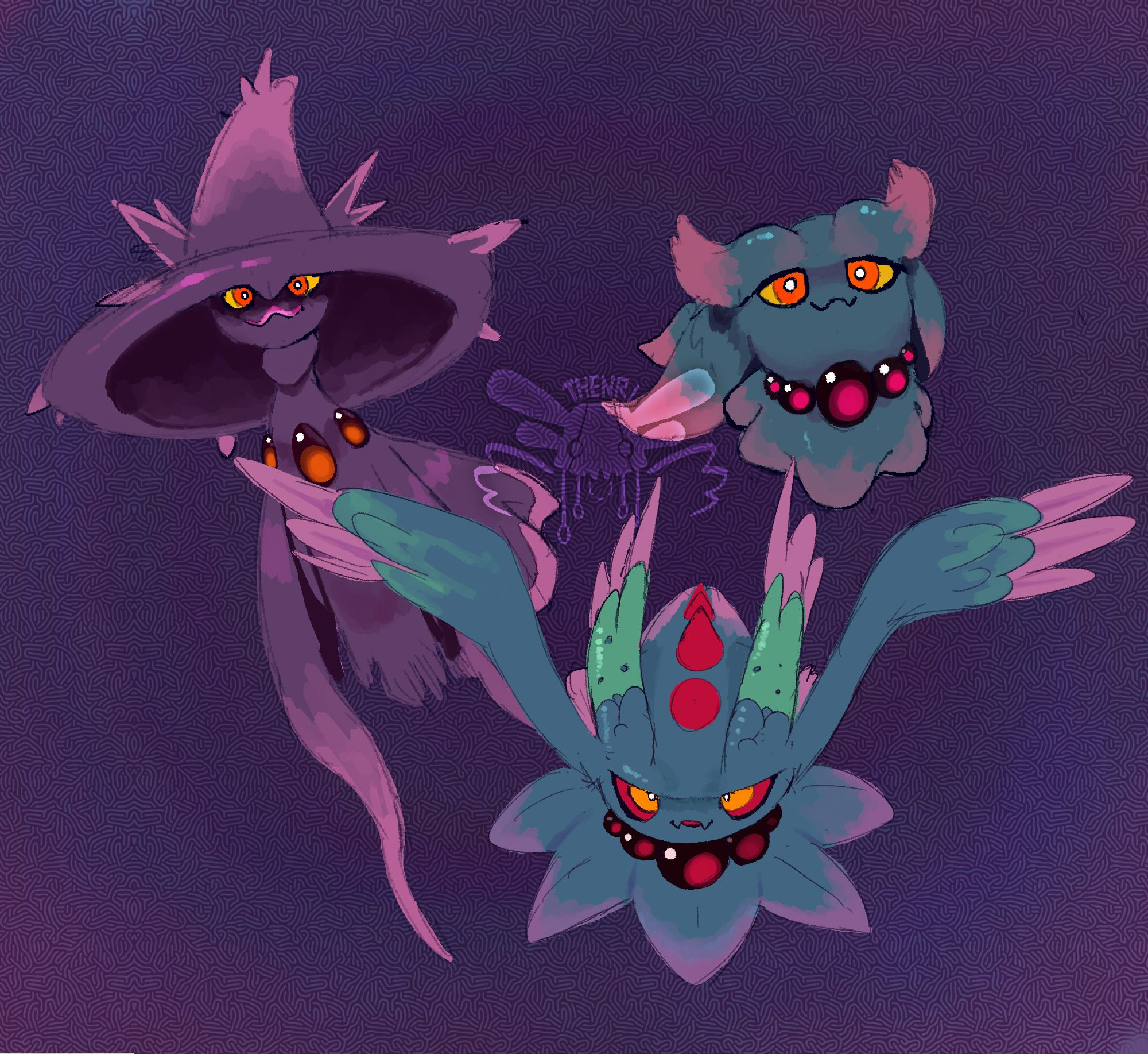 Illustration of three pokemon: Mismagius, Flutter Mane, and Misdreavus, all staring menacingly at the viewer