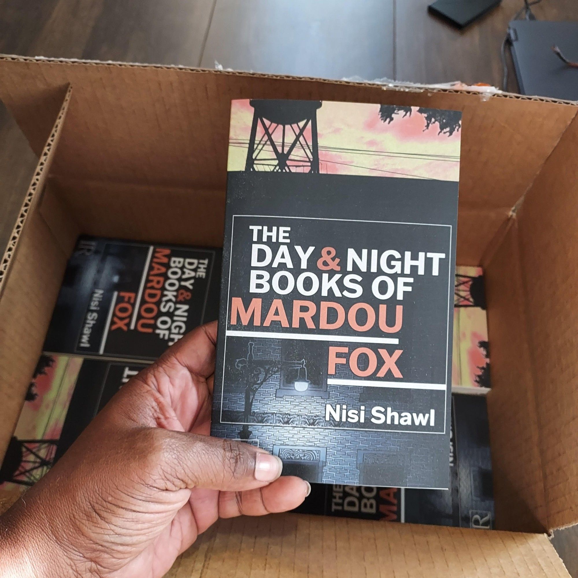 A box of copies of my new novella, The Day and Night Books of Mardou Fox. Hand of my publisher Bill Campbell holds one up to show off the Impulse-album-art-stylin of it cover.