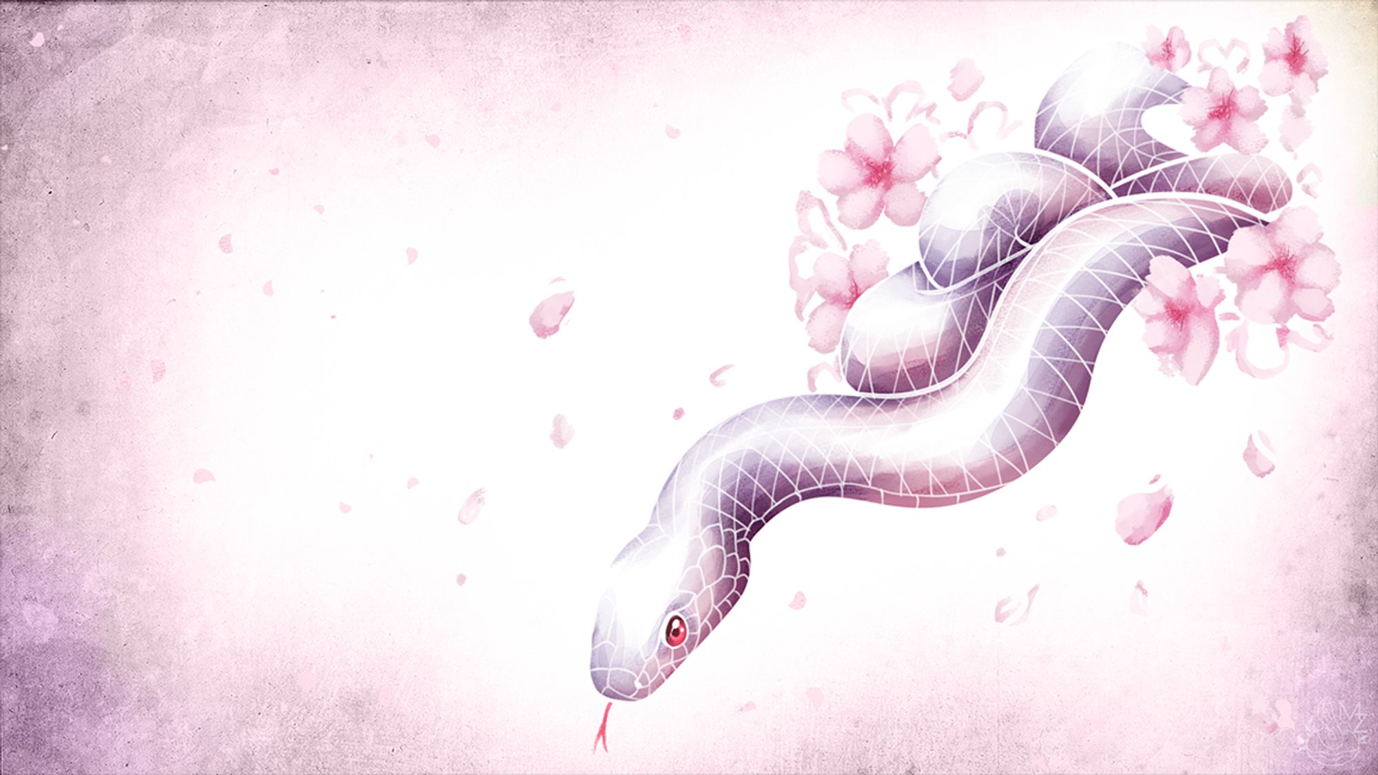 a white snake in watercolor aesthetic in lilacs and pinks. Surrounded by pink flowers.