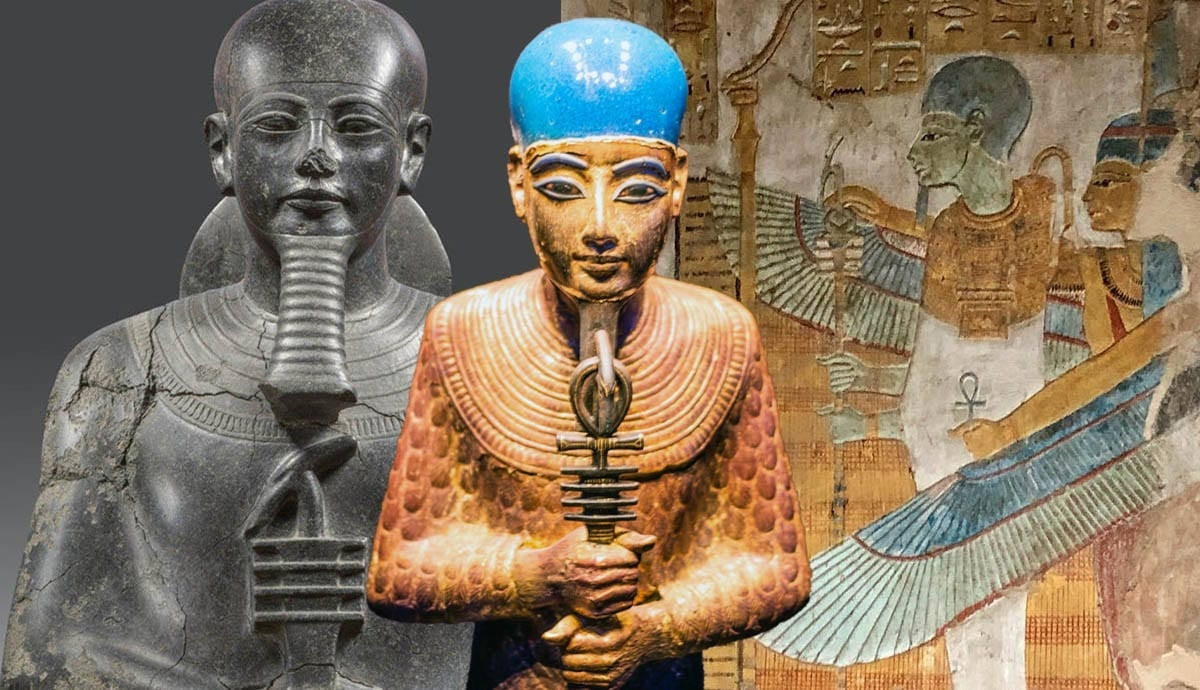 Ancient statues and wall art of Egyptian Creator God Ptah. He wears a blue cap and holds an ankh.