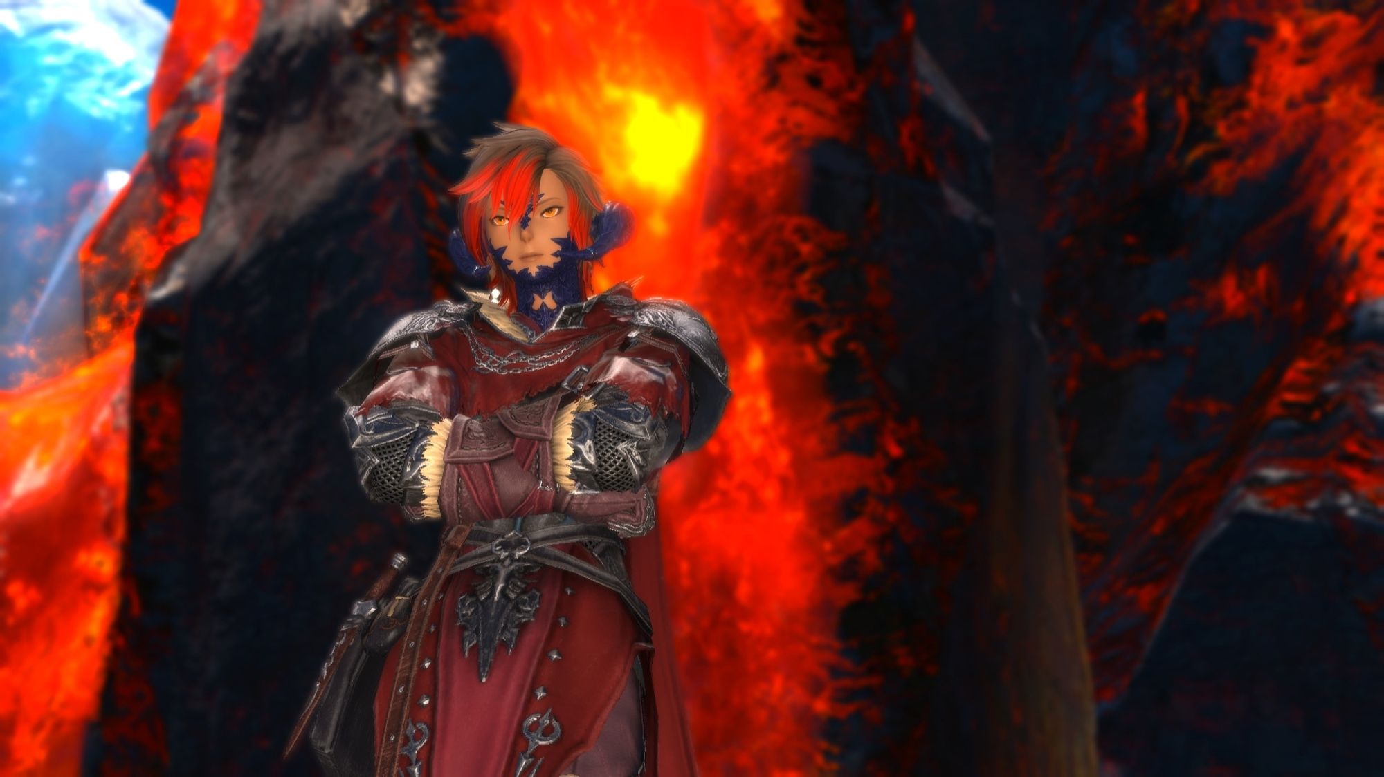 Female Xaela Au Ra leaning against a fiery mountain