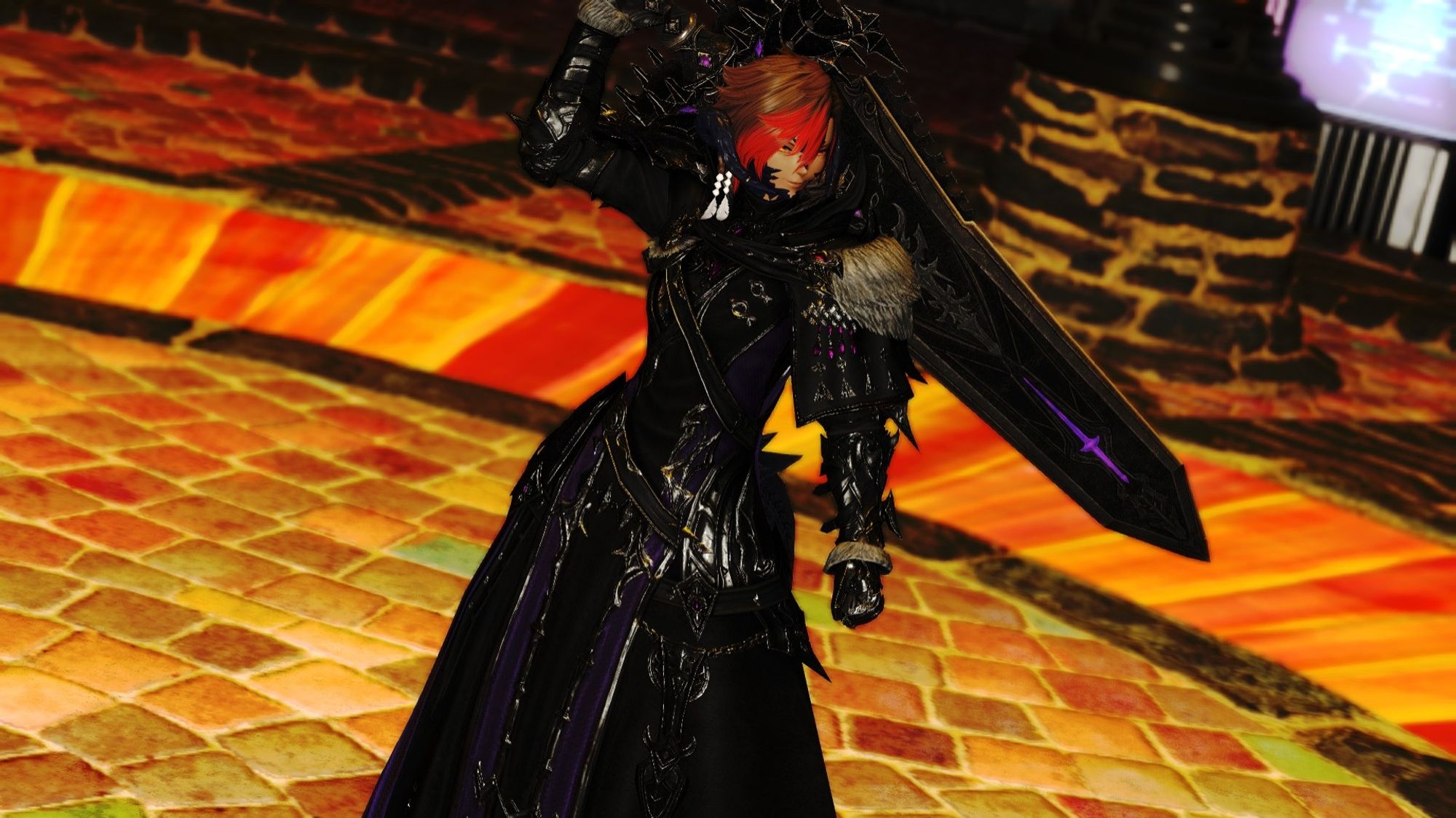 Qadan Gal a Xaela Au Ra with short dark brown hair and red highlights wearing a lvl 99 dark knight armor with a claymore flung over her shoulder in the Unlost World