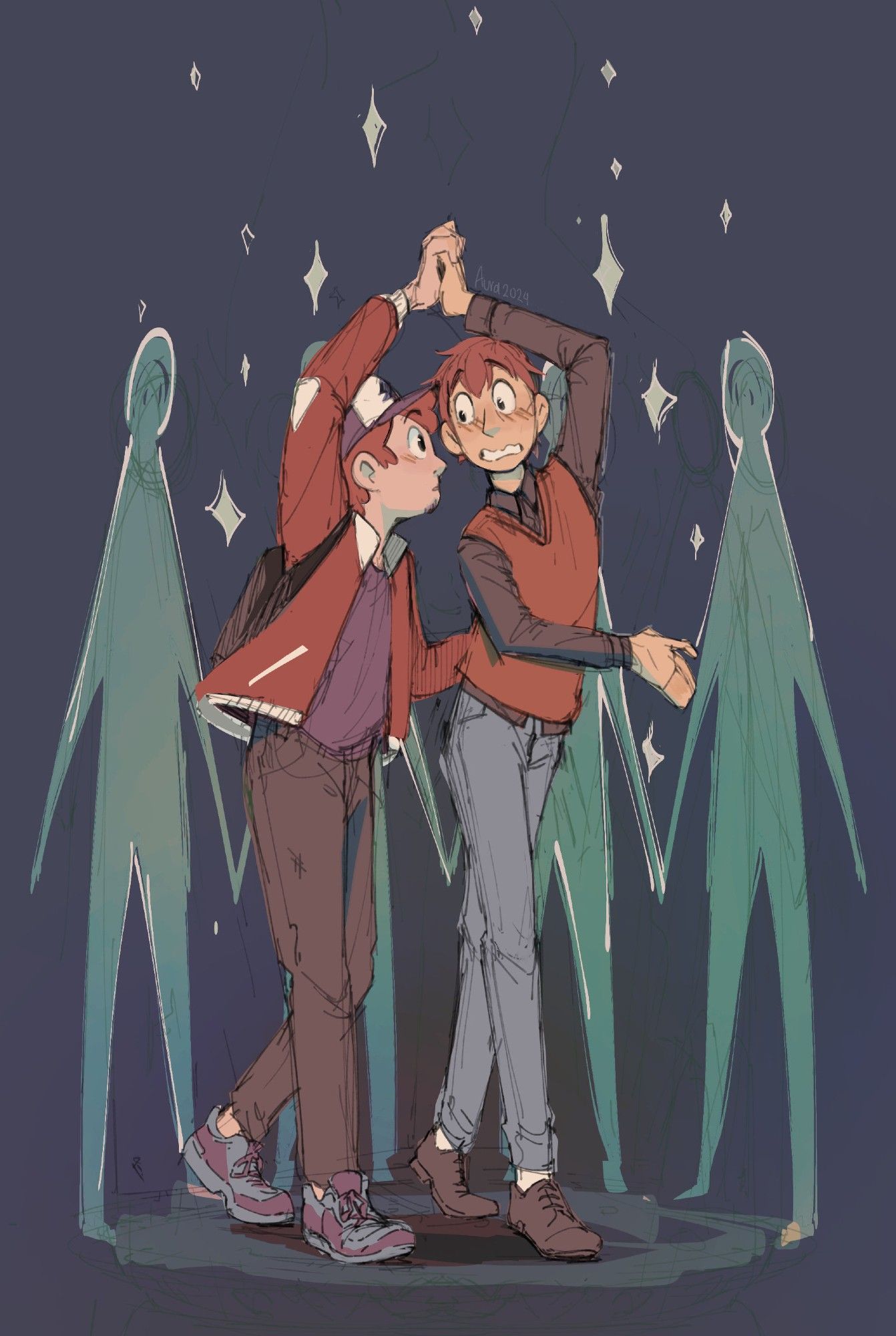 Drawing of Dipper and wirt dancing while being surrounded by ghosts.