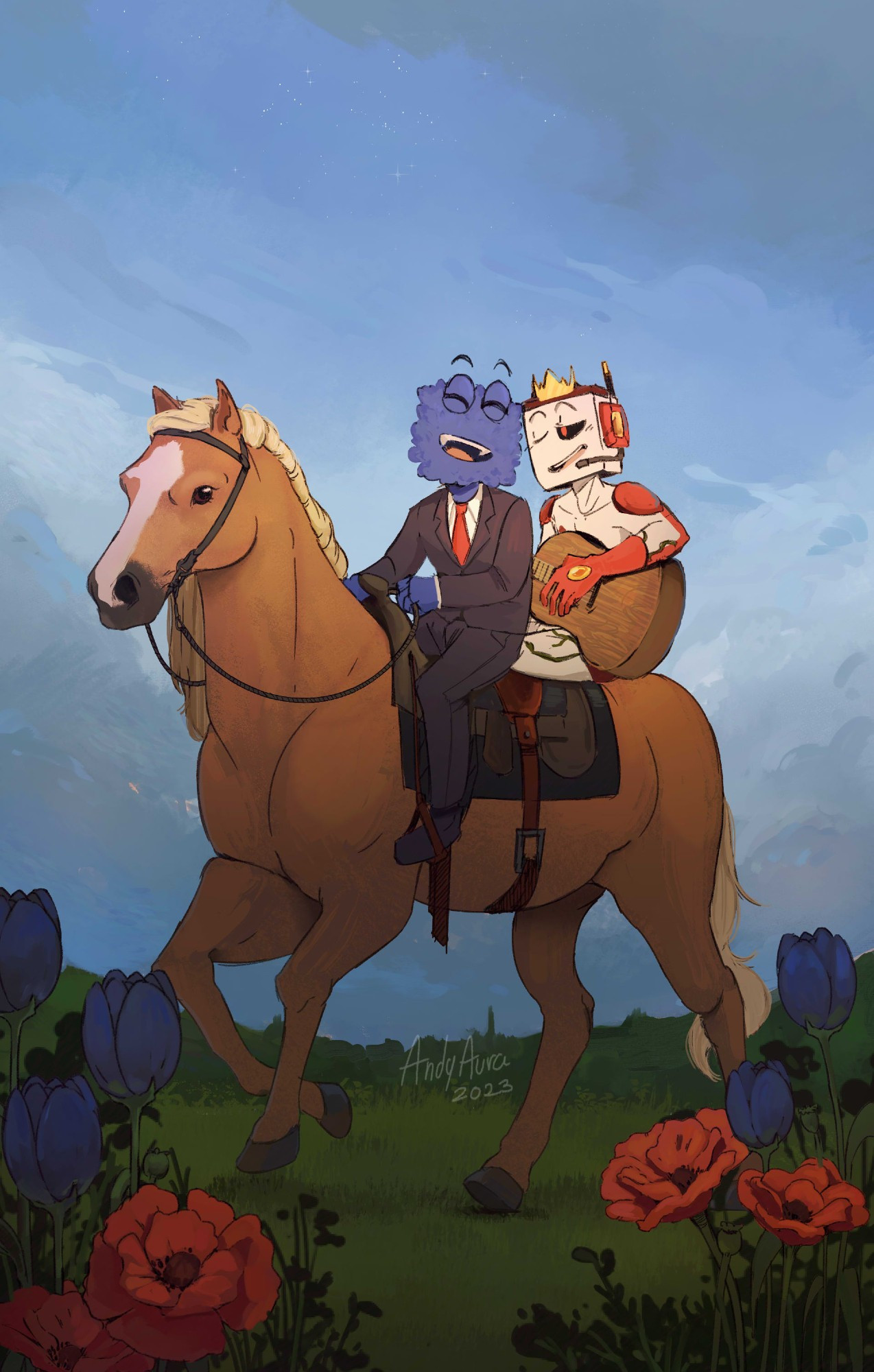 Drawing of two characters, chincheto and tonacho, riding a horse while one of them is playing the guitar.