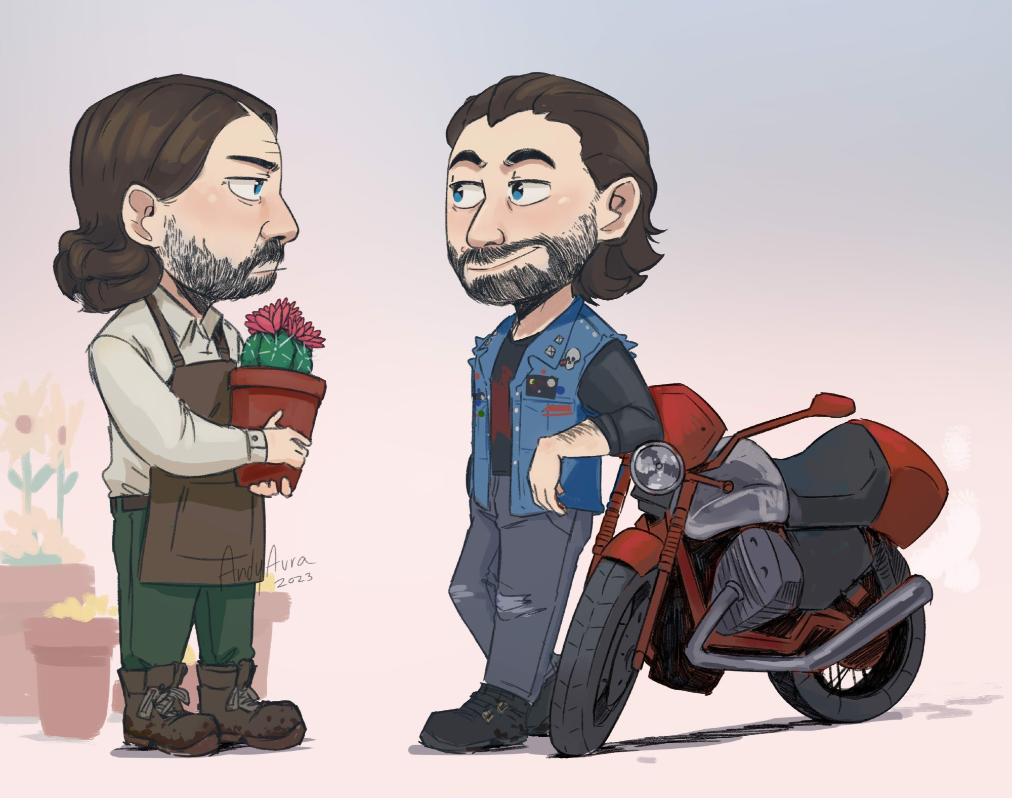 Florist and motorcyclist AU Drawing of the Ship Alan and Scratch from Alan wake games. Au made by deerfest in tumblr.