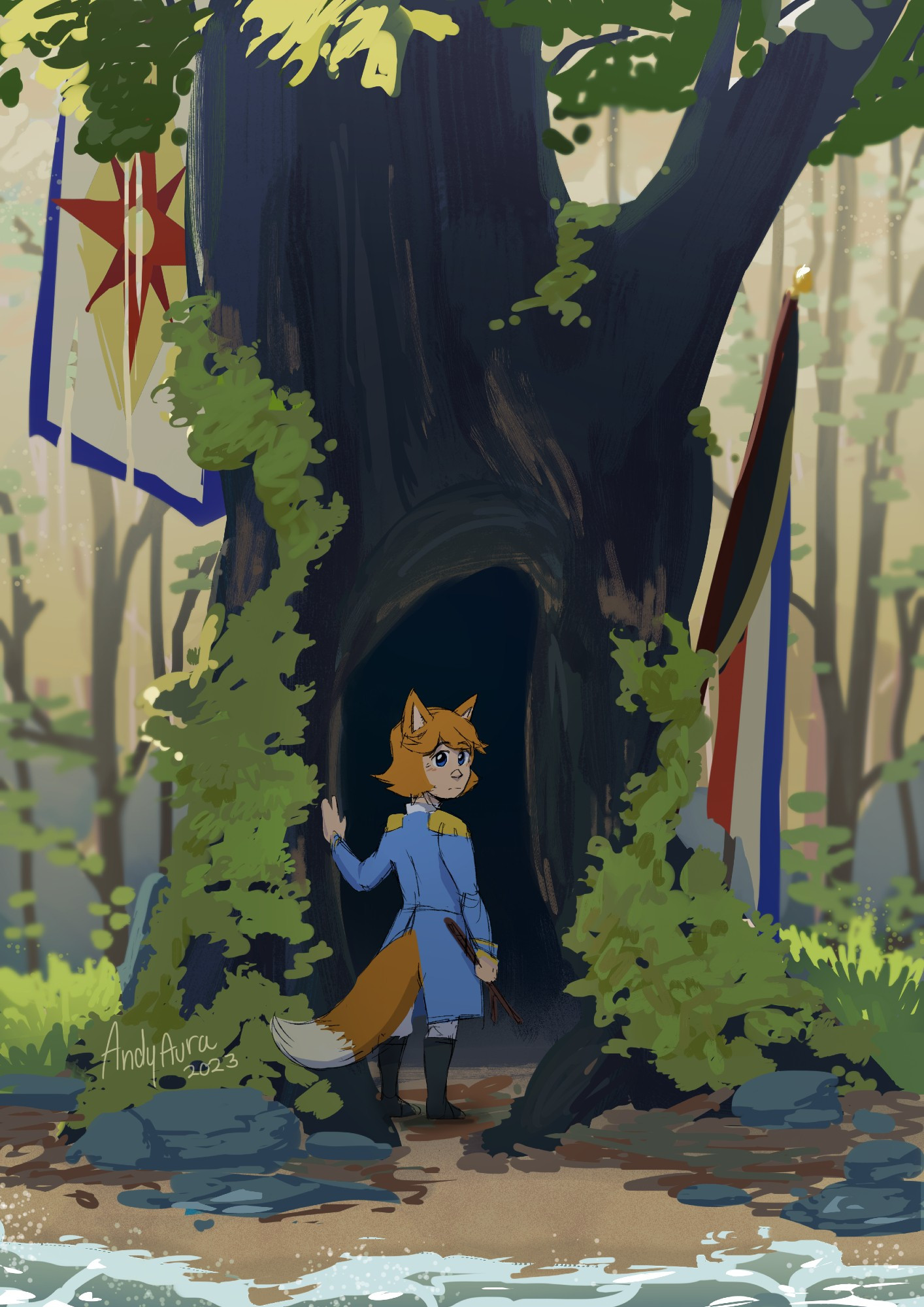 Dream SMP fanart of the character fundy in the middle of the forest with the flags of lmanburg and las nevadas.