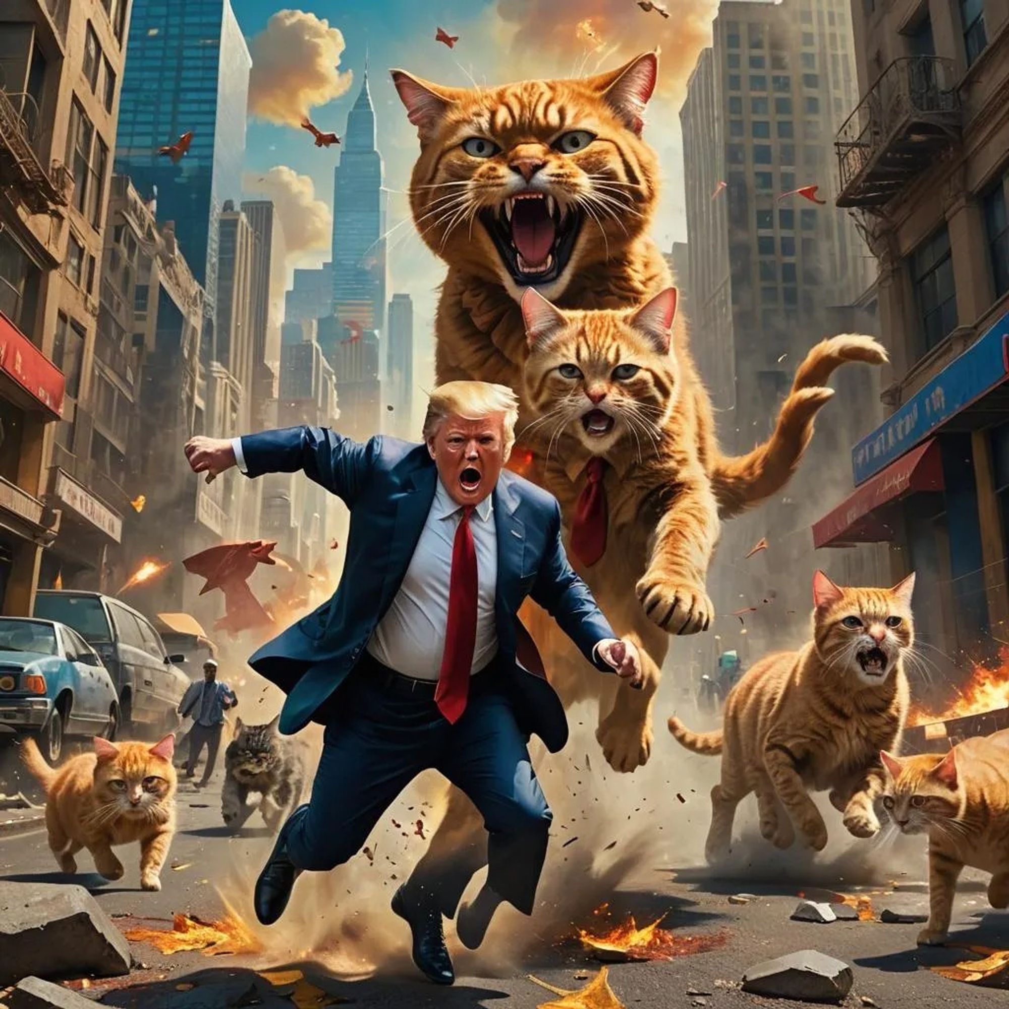 AI image of large cats hunting down Donald Trump in a street lined with sky scrapers